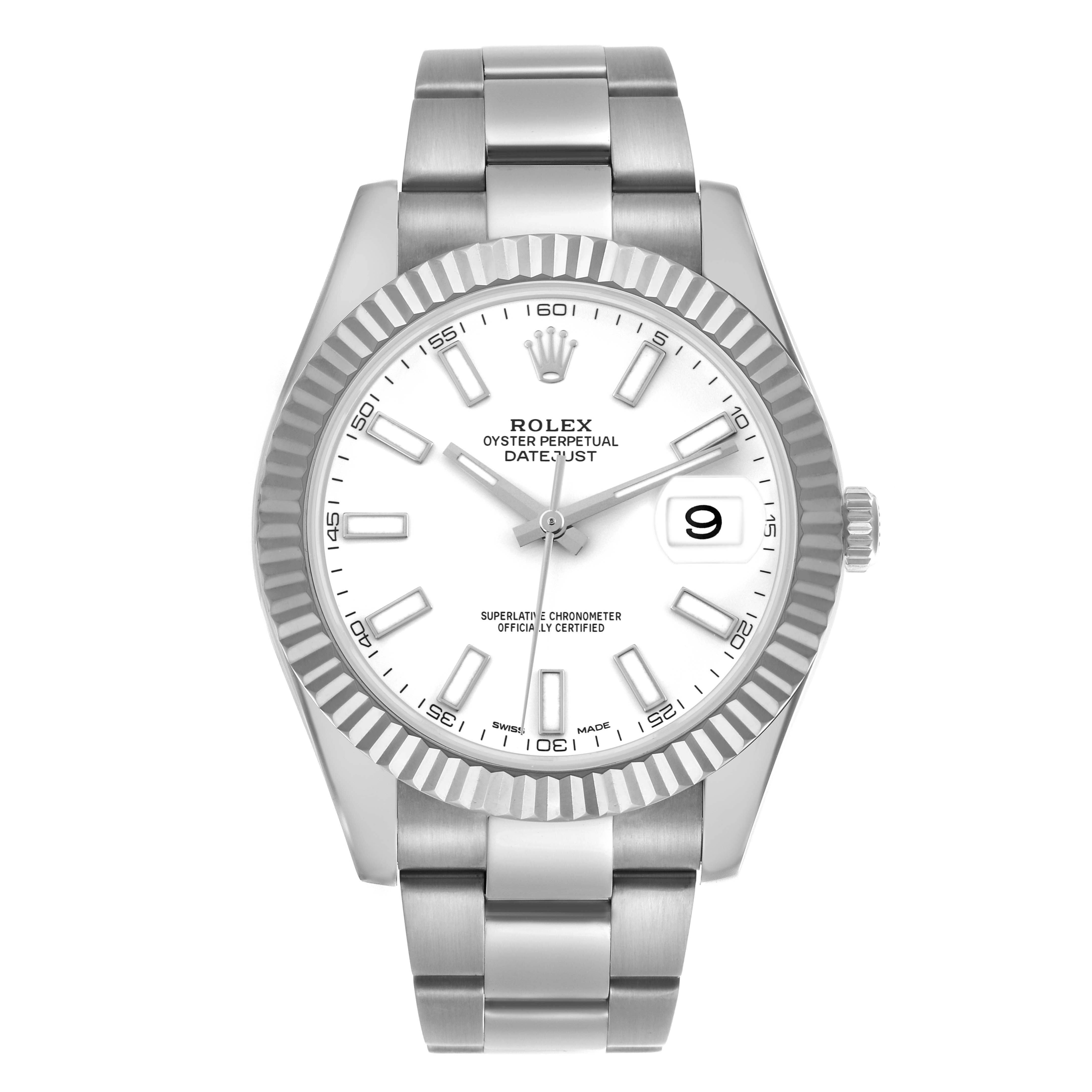 The Rolex Datejust 41 116334 Men's Stainless Steel White Dial 116334 Men's Stainless Steel White Dial is shown from a front angle, displaying the face, bracelet, bezel, and crown.