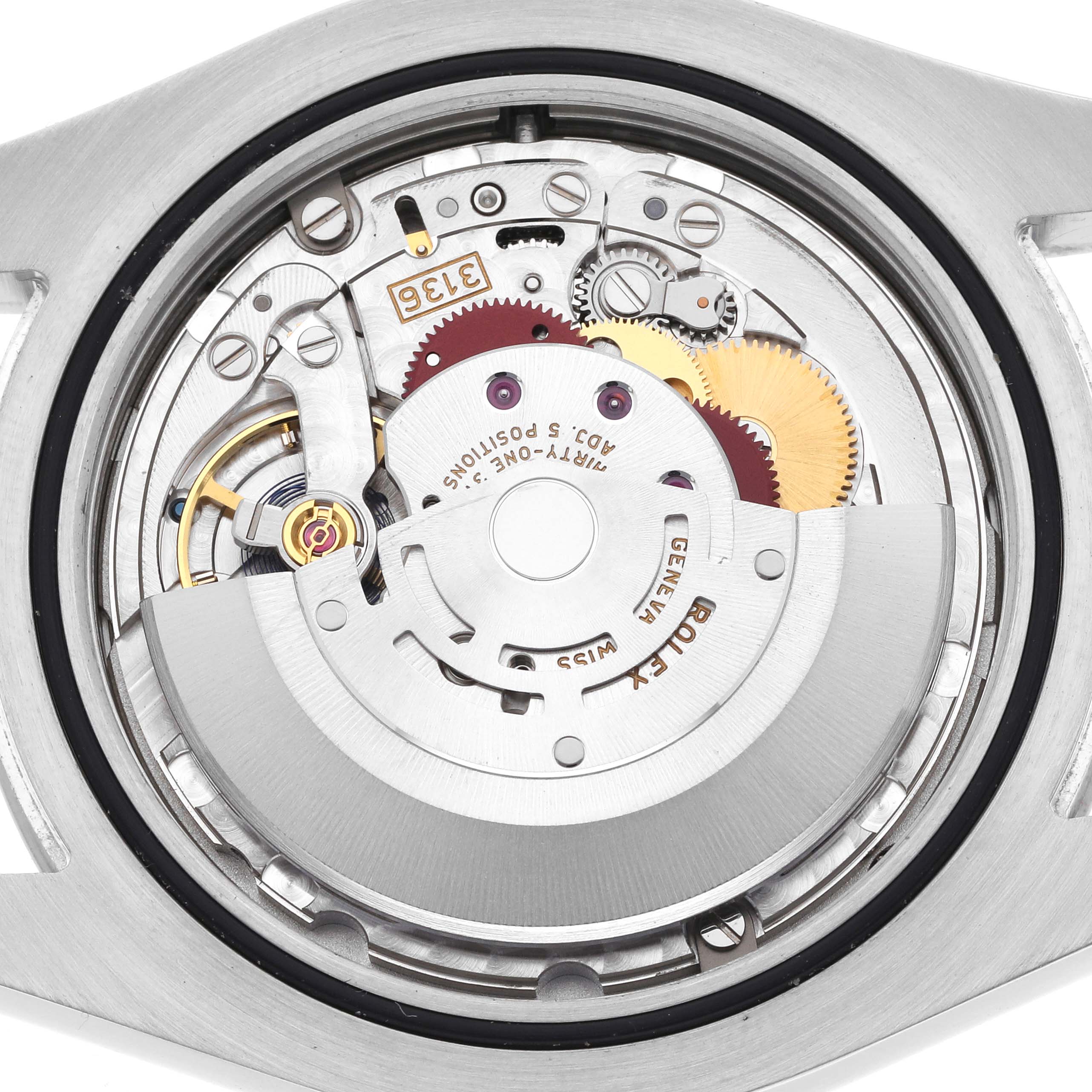 The image shows the movement parts of a Rolex Datejust 41 116334 Men's Stainless Steel White Dial 116334 Men's Stainless Steel White Dial, viewed from the back.