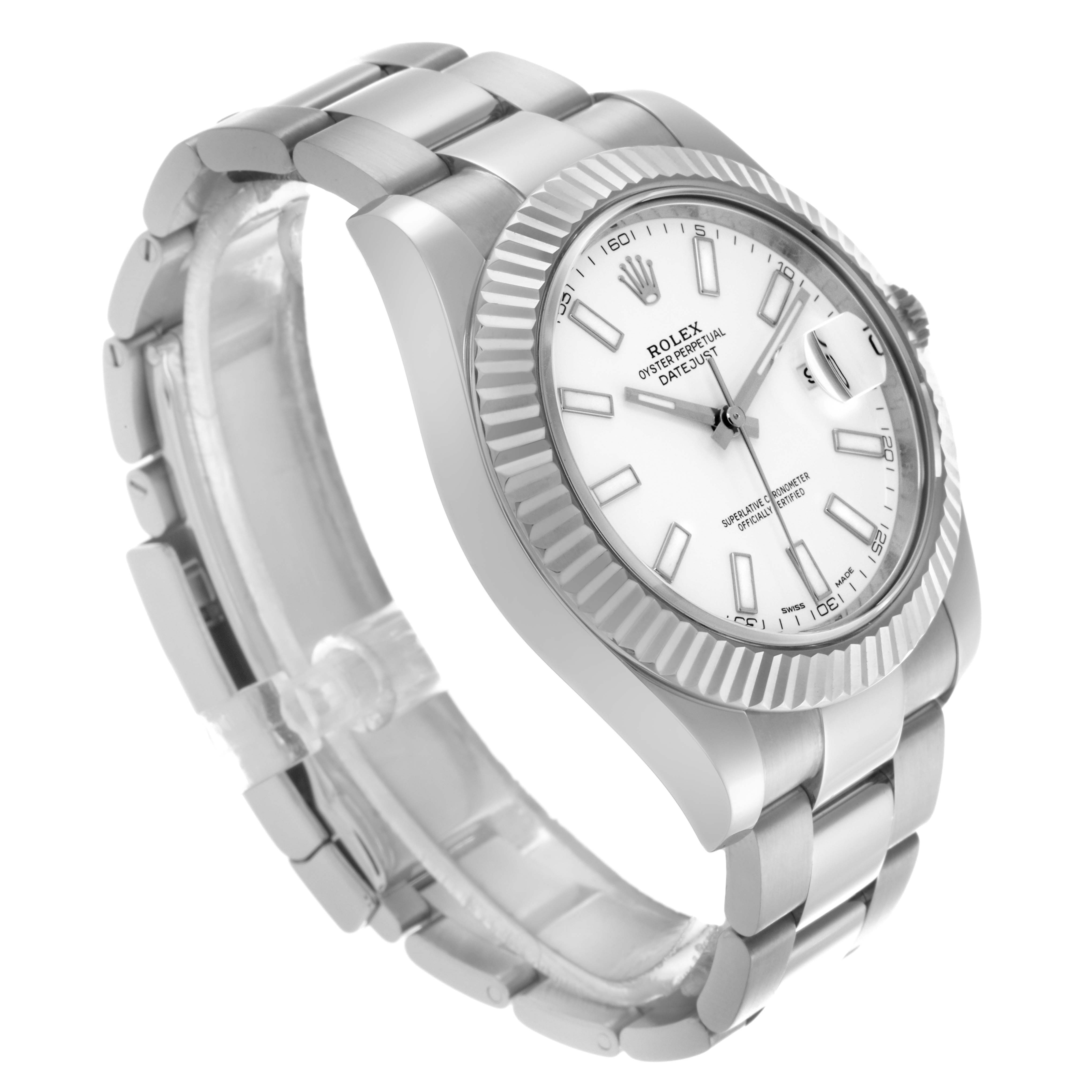 The Rolex Datejust 41 116334 Men's Stainless Steel White Dial 116334 Men's Stainless Steel White Dial is shown at a slight angle, highlighting its fluted bezel, white dial, and metal bracelet.