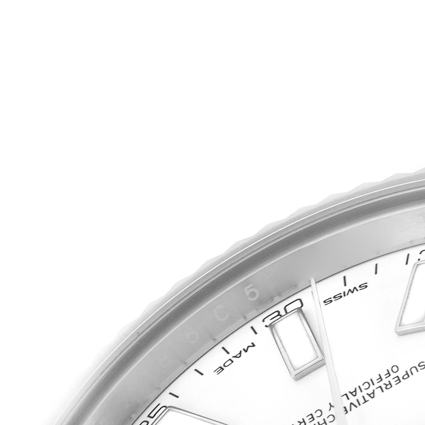 The image shows a close-up of the dial edge and bezel of the Rolex Datejust 41 116334 Men's Stainless Steel White Dial 116334 Men's Stainless Steel White Dial, focusing on the hour markers and a portion of the minute track.