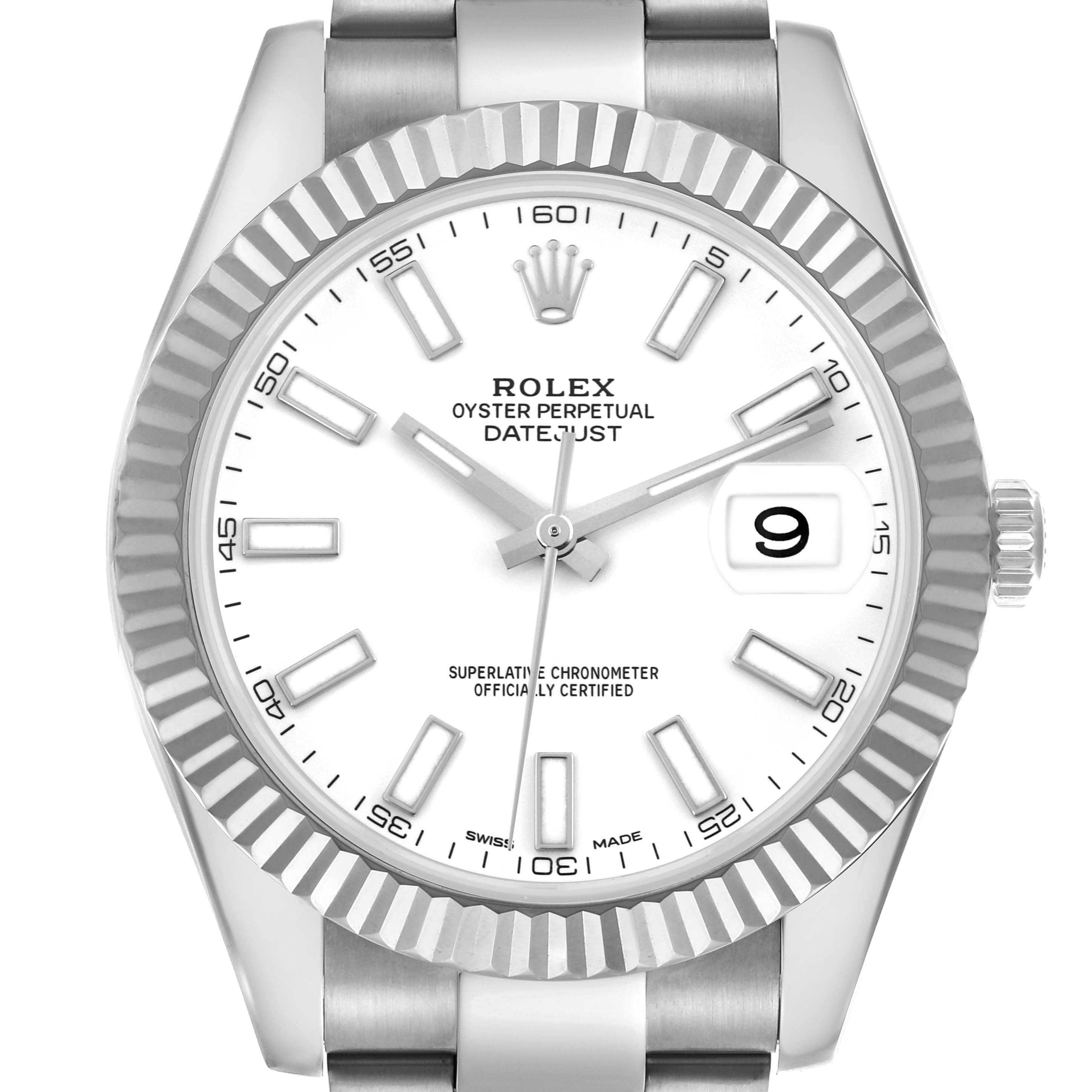 The Rolex Datejust 41 116334 Men's Stainless Steel White Dial 116334 Men's Stainless Steel White Dial watch is shown from a front angle, highlighting the dial, bezel, and part of the bracelet.