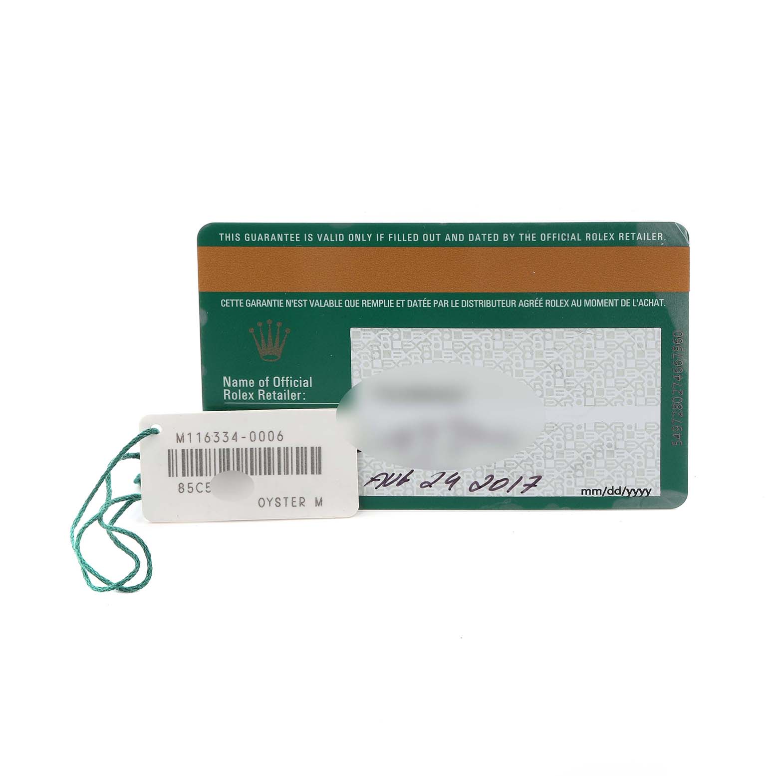 The image shows the warranty card and tag for a Rolex Datejust 41 116334 Men's Stainless Steel White Dial 116334 Men's Stainless Steel White Dial model, with no watch visible.