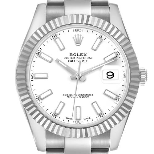 The Rolex Datejust 41 watch is shown from the front, displaying the dial, fluted bezel, and part of the bracelet.
