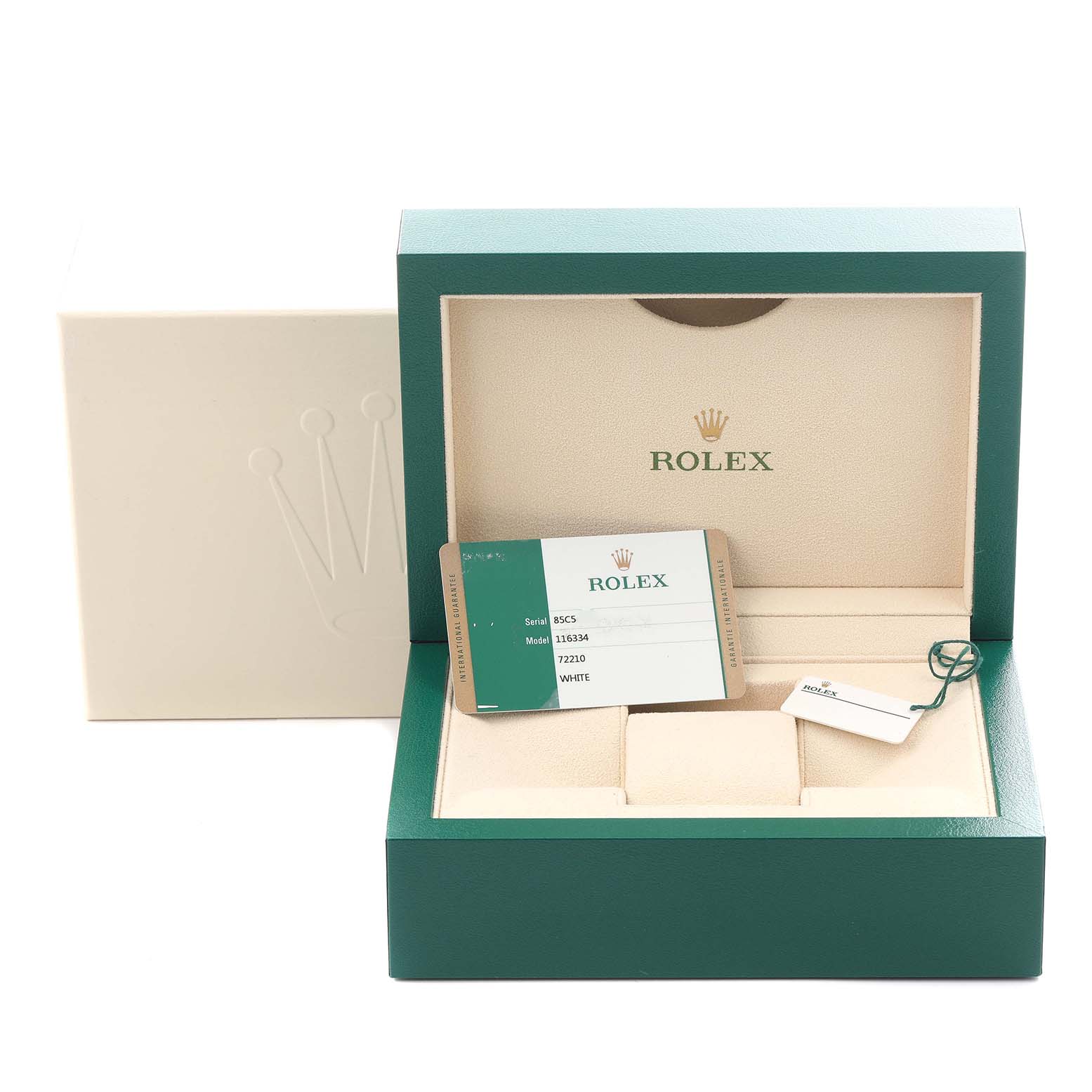The image shows the packaging and accessories for a Rolex Datejust 41 116334 Men's Stainless Steel White Dial 116334 Men's Stainless Steel White Dial watch, including a box and warranty card.