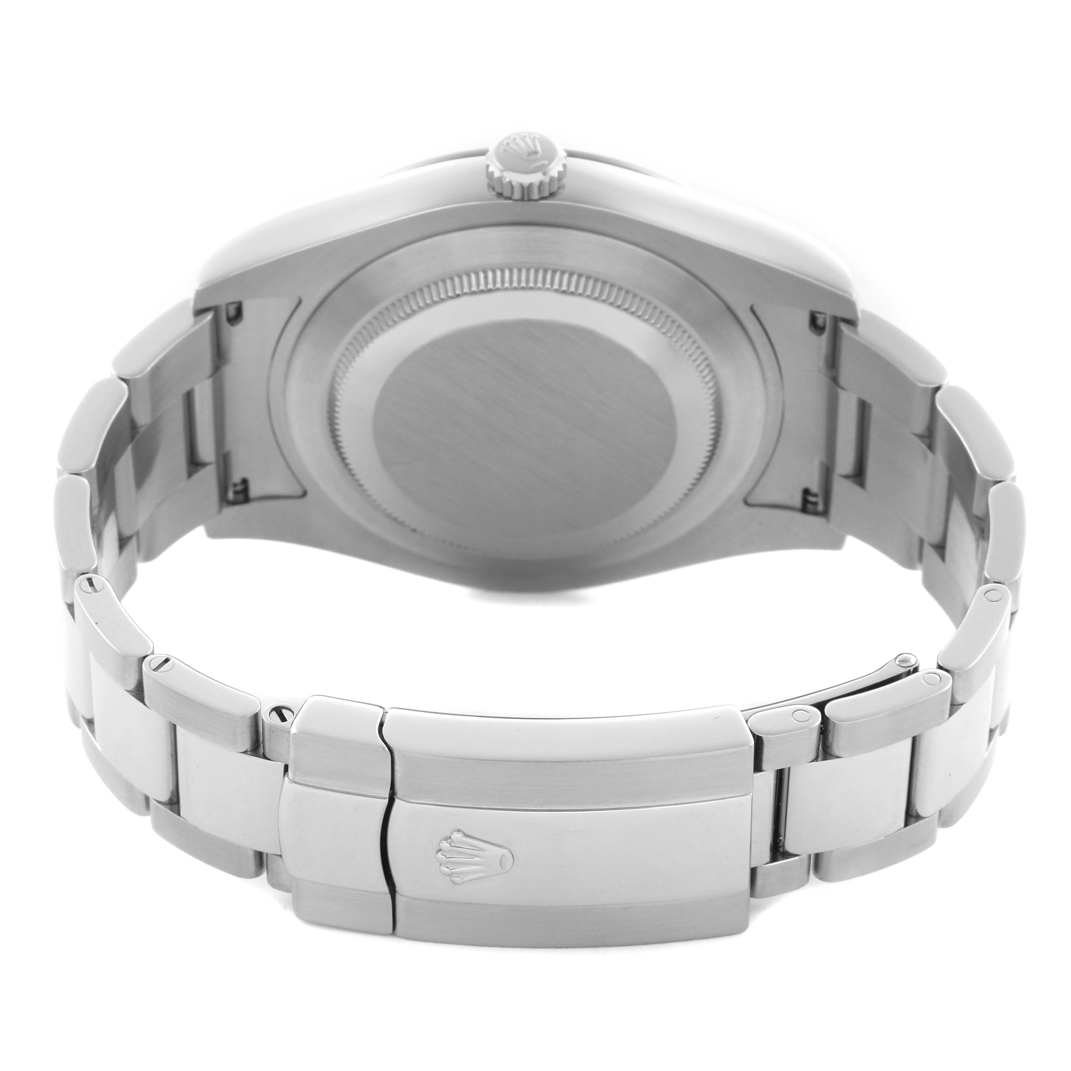 This image shows the back view of a Rolex Datejust 41 116334 Men's Stainless Steel White Dial 116334 Men's Stainless Steel White Dial, highlighting the case back, bracelet, and clasp.