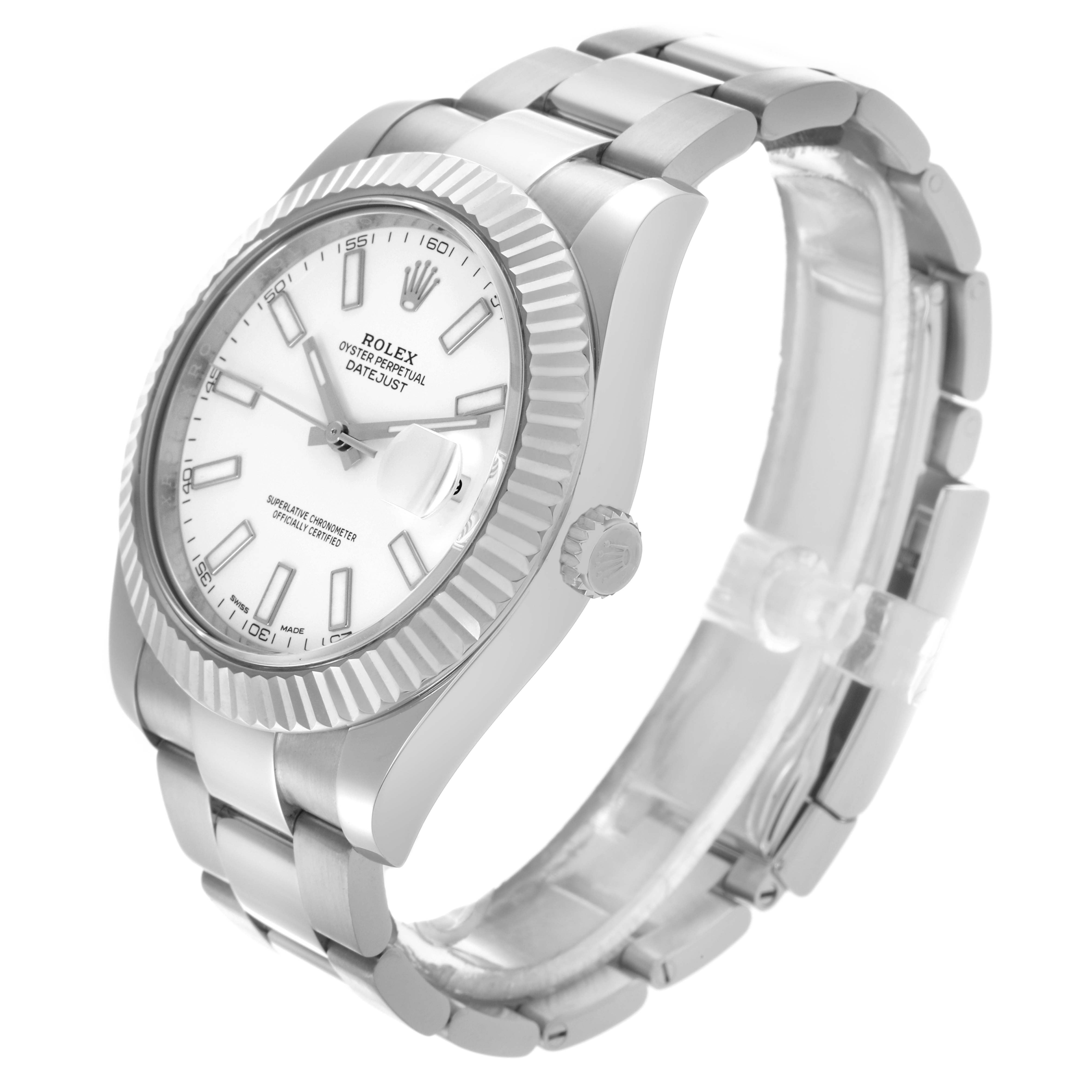 The Rolex Datejust 41 116334 Men's Stainless Steel White Dial 116334 Men's Stainless Steel White Dial is shown at a three-quarter angle, highlighting the dial, bezel, and bracelet.