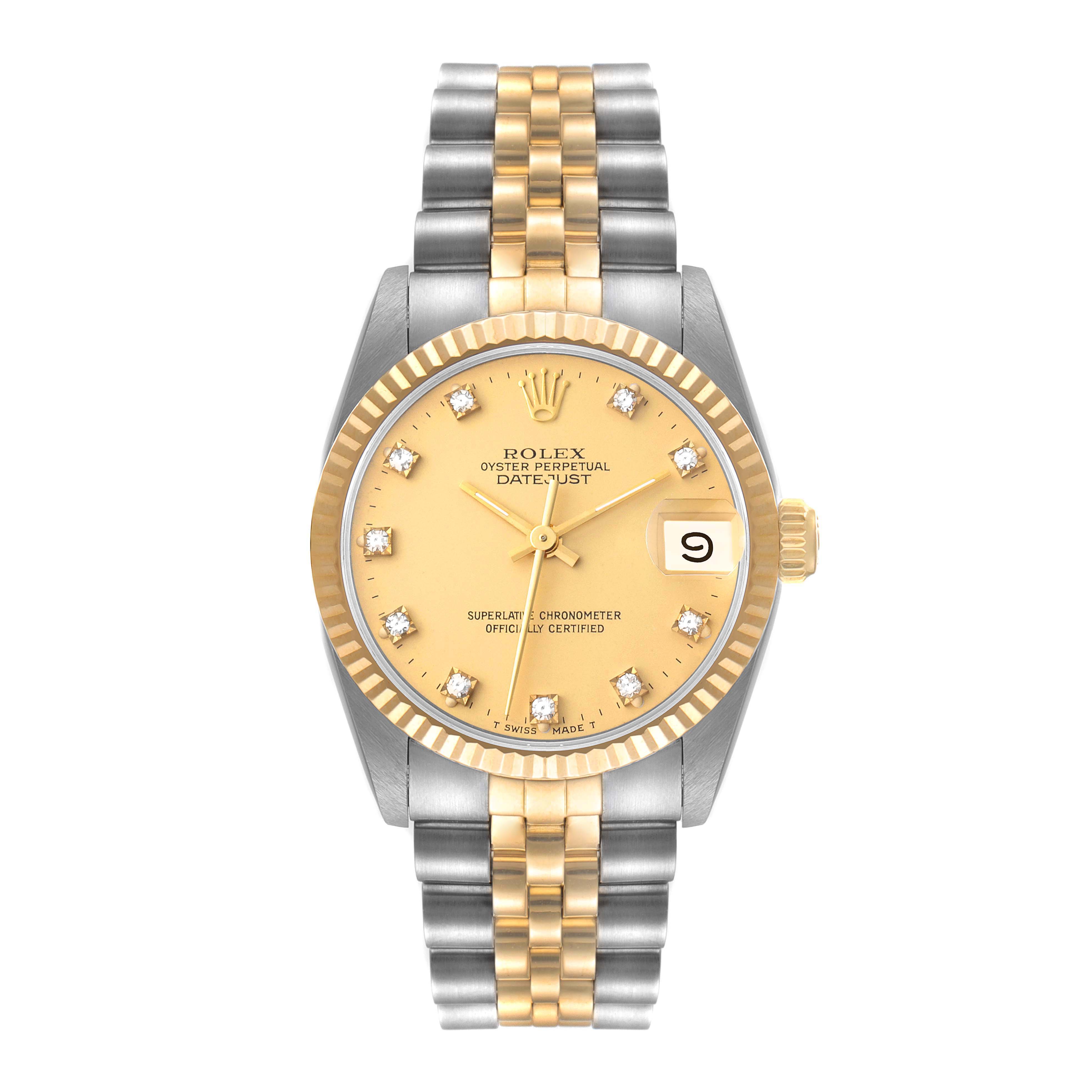 The image shows a front view of a Mid-Size Rolex Datejust watch, highlighting its gold and silver bracelet and diamond markers.