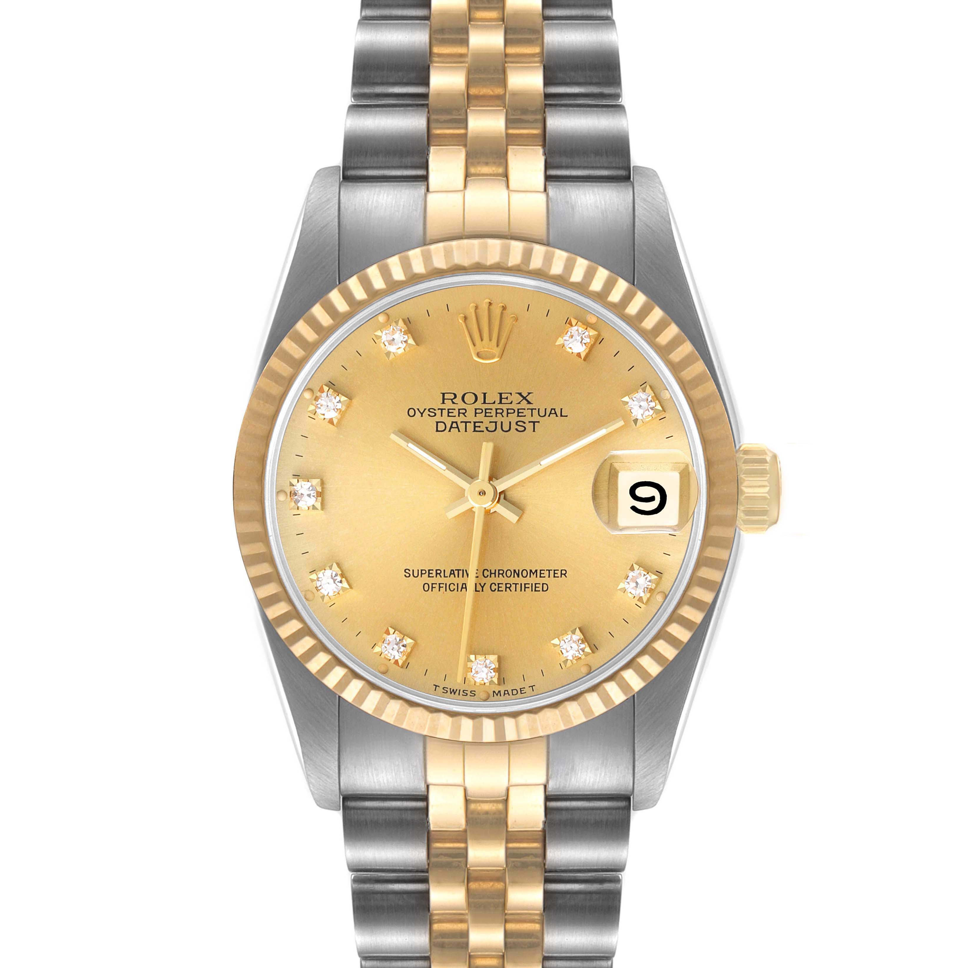 The Rolex Mid-Size 68273 Women
s Steel and Gold (two tone) Champagne Dial 68273 Women
s Steel and Gold (two tone) Champagne Dial Datejust watch is shown from a straight-on angle, highlighting the gold and silver bracelet, gold dial, and date window.