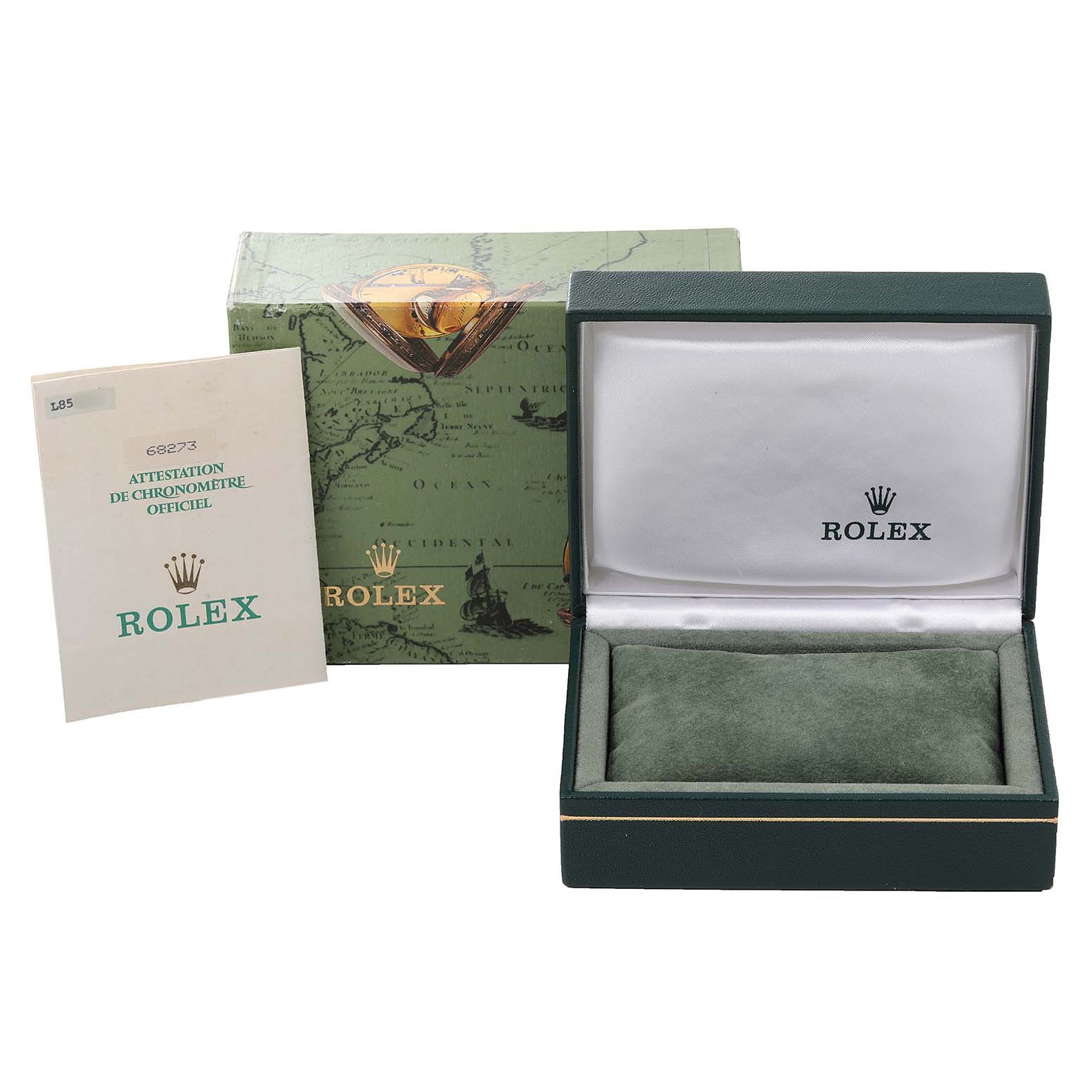 The image shows the packaging, manuals, and empty box for a Rolex Mid-Size 68273 Women
s Steel and Gold (two tone) Champagne Dial 68273 Women
s Steel and Gold (two tone) Champagne Dial model watch.