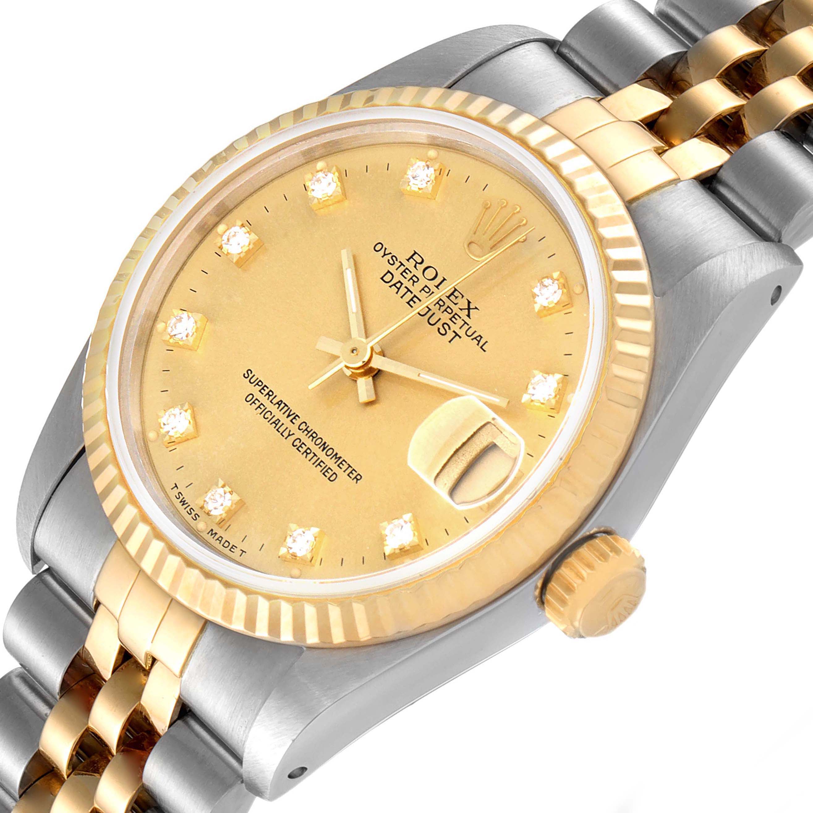 The image shows a close-up of the dial and bracelet of a Rolex Oyster Perpetual Datejust Mid-Size watch at a slight angle.