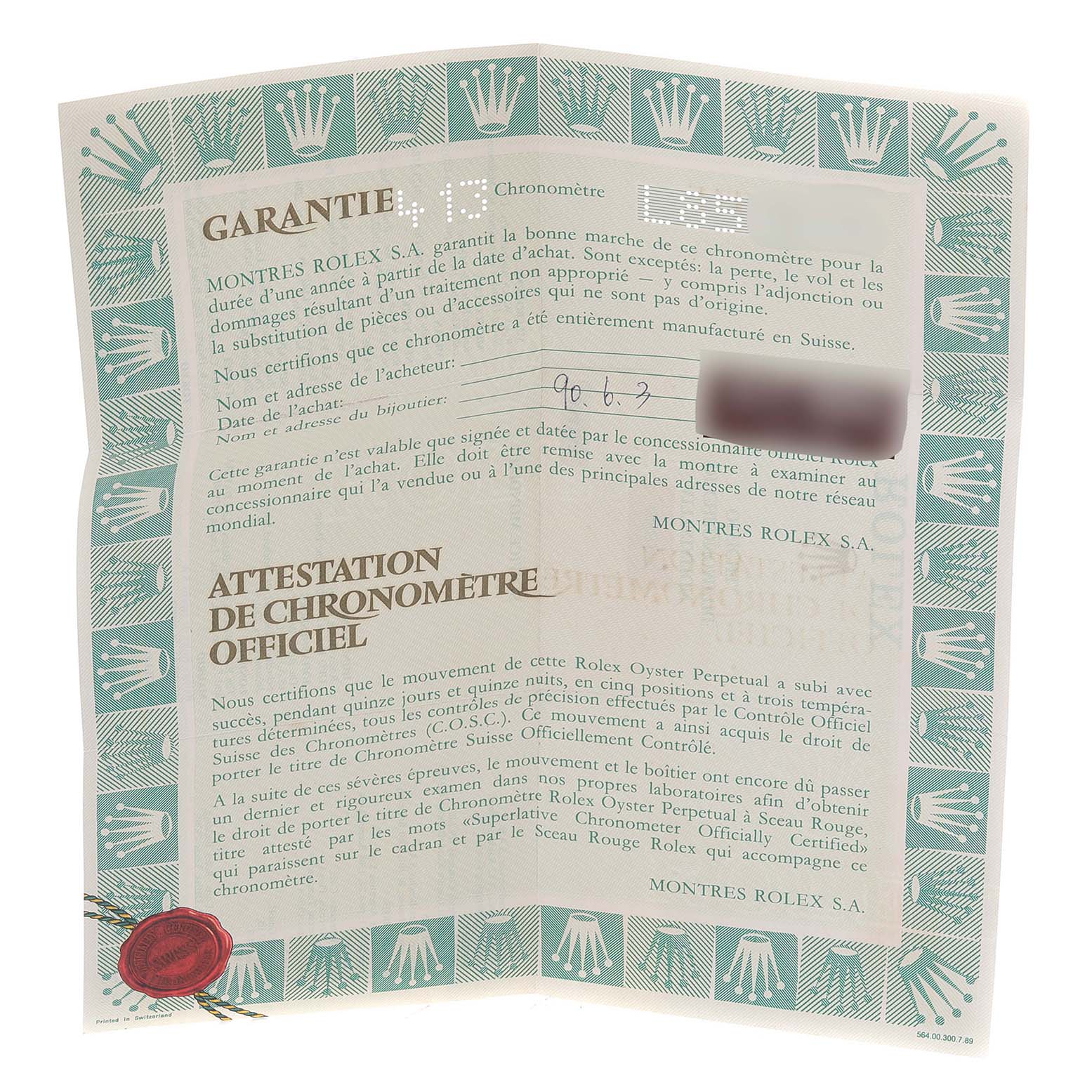 The image shows the warranty and chronometer certification paper for a Mid-Size Rolex watch.