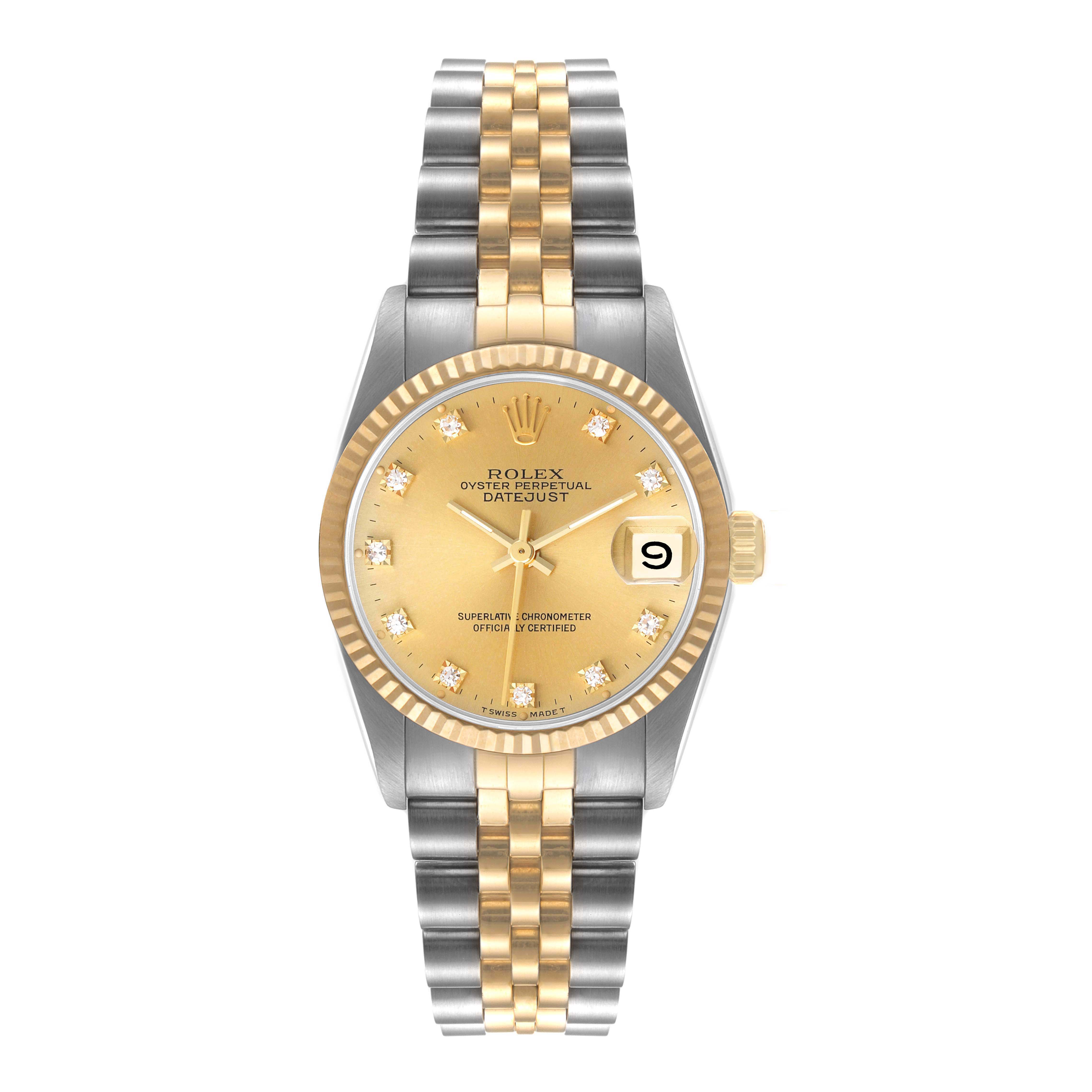 This image shows a frontal view of a Rolex Mid-Size 68273 Women
s Steel and Gold (two tone) Champagne Dial 68273 Women
s Steel and Gold (two tone) Champagne Dial Datejust with a two-tone bracelet, golden dial, and date display at 3 o
clock.
