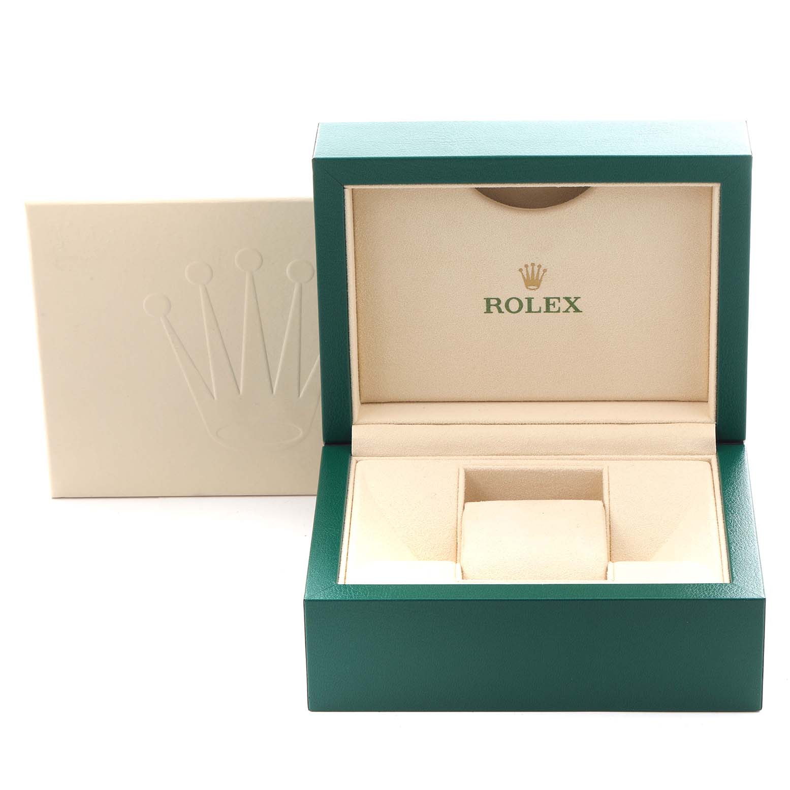 The image shows an open Rolex watch box at a front angle, designed for a Mid-Size model, with the logo prominently inside.
