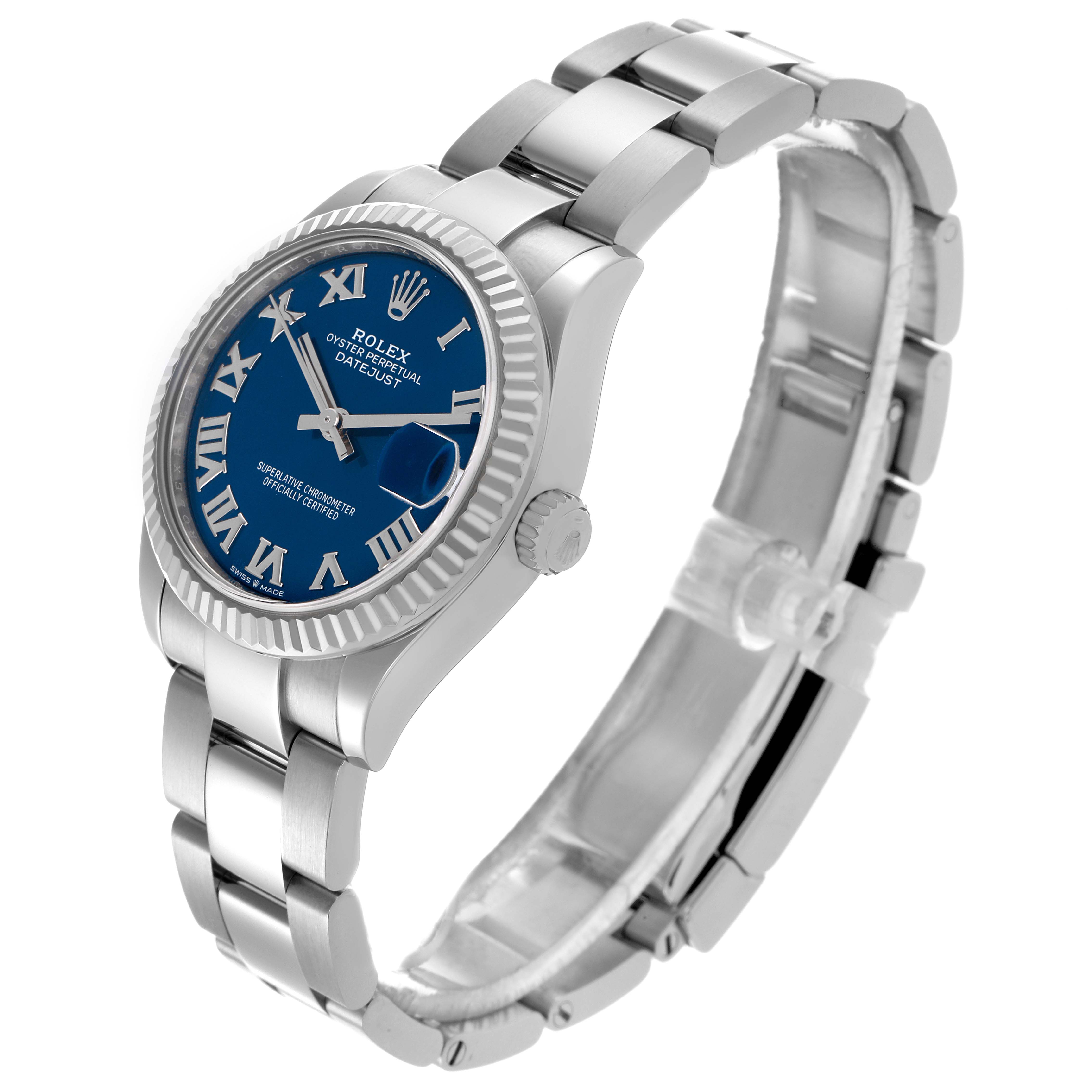 The Rolex Mid-Size 278274 Women
s Stainless Steel Blue Dial 278274 Women
s Stainless Steel Blue Dial watch is shown at an angled side view, displaying the bracelet, dial, bezel, and crown.