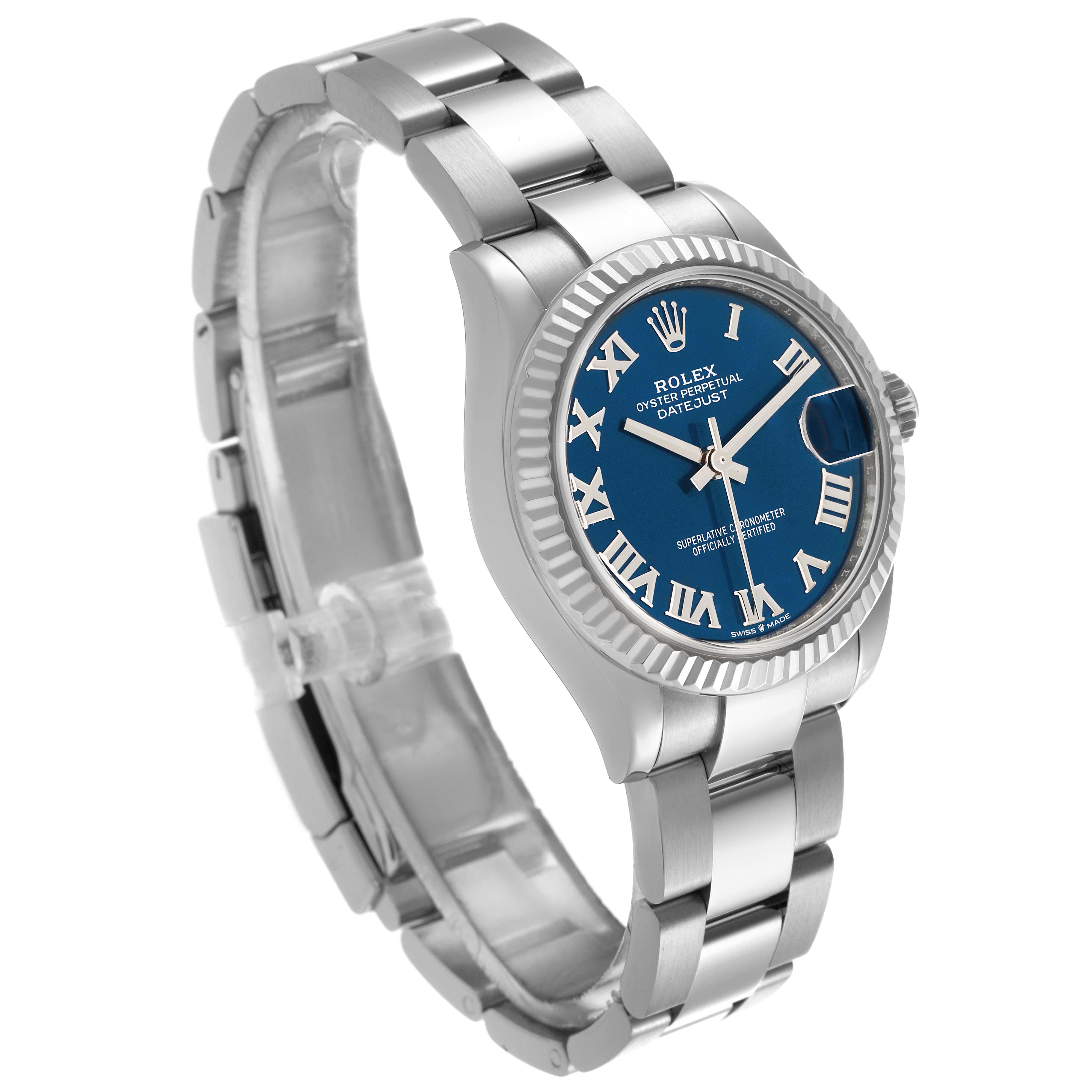 The Rolex Mid-Size 278274 Women
s Stainless Steel Blue Dial 278274 Women
s Stainless Steel Blue Dial watch is shown at a three-quarter angle, displaying the case, dial, bracelet, and clasp.