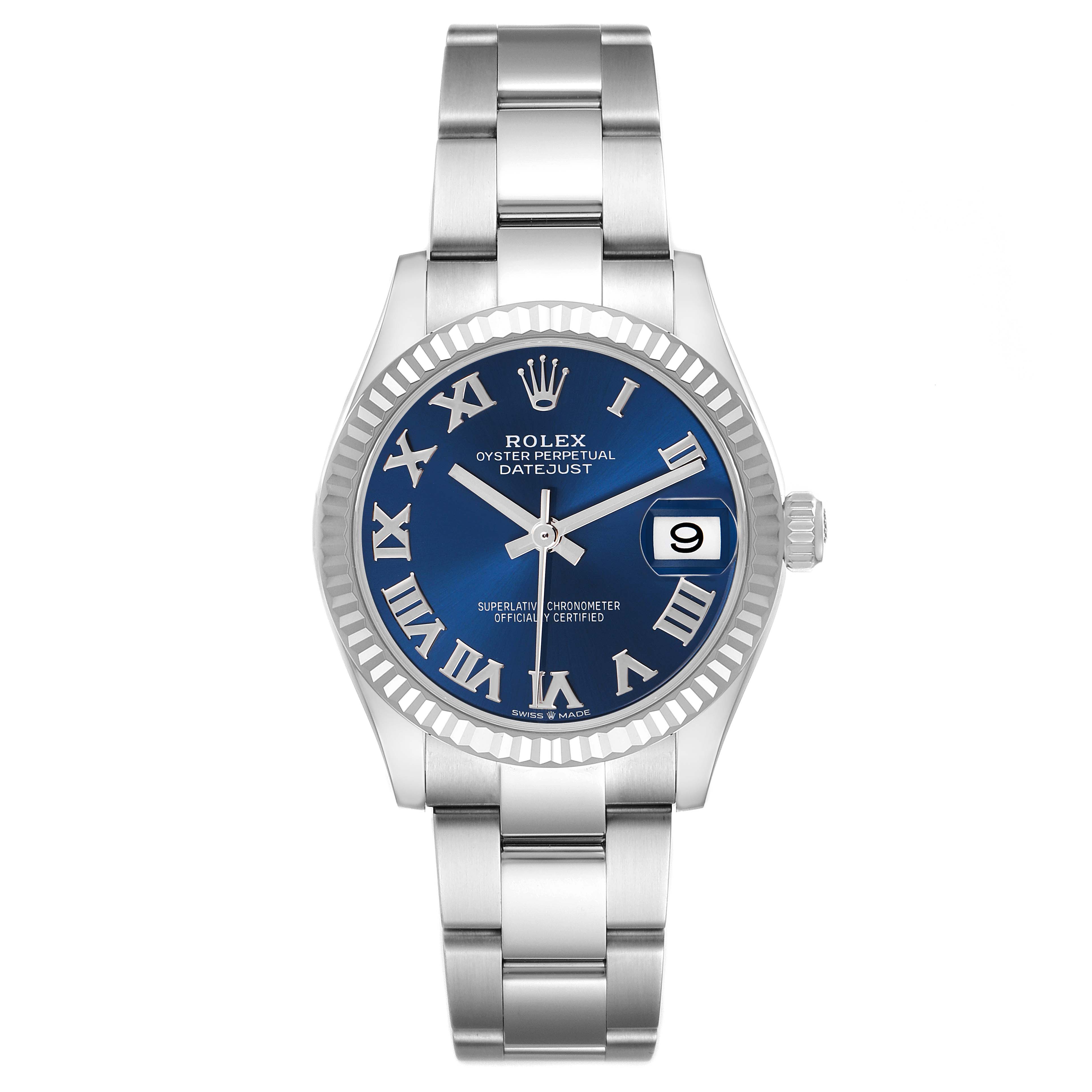 The Rolex Mid-Size 278274 Women
s Stainless Steel Blue Dial 278274 Women
s Stainless Steel Blue Dial Datejust is shown from the front, displaying its blue dial, Roman numerals, date window, and bracelet.