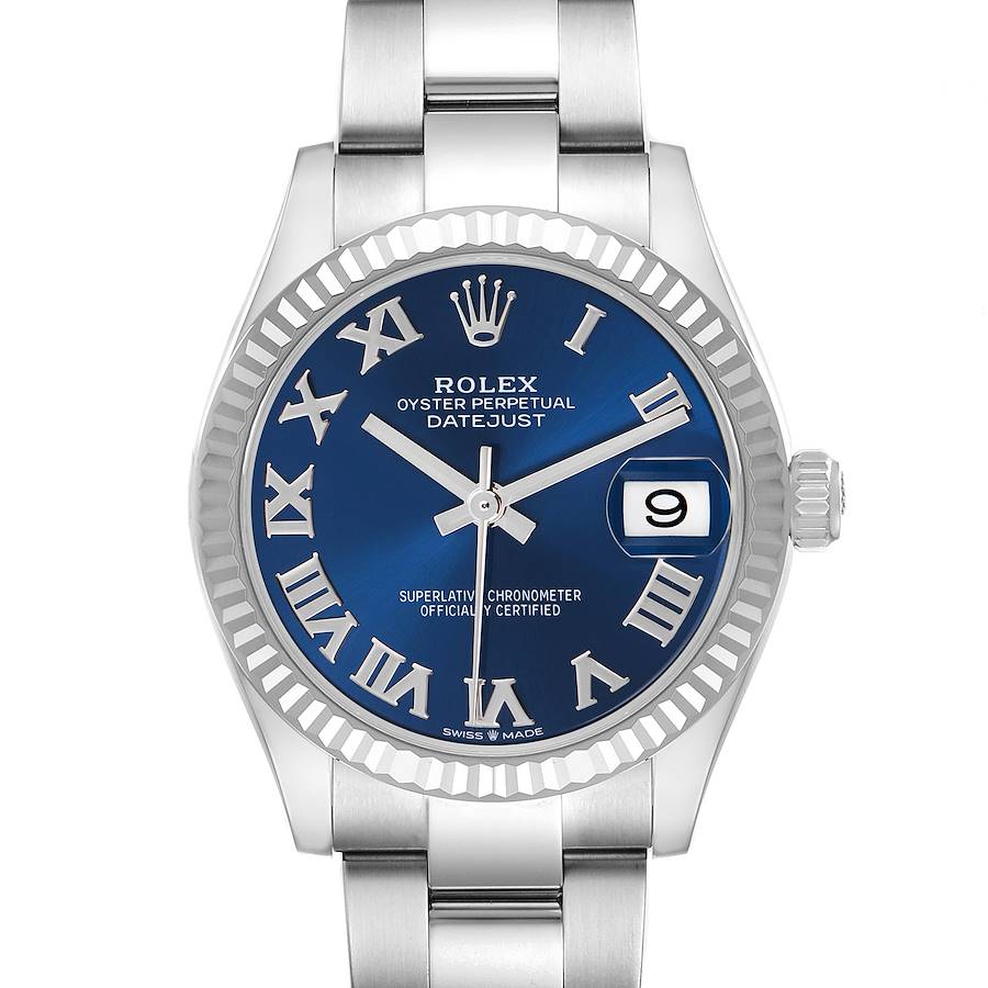 The Rolex Datejust Mid-Size watch is shown from the front, displaying the dial, bezel, crown, and part of the bracelet.