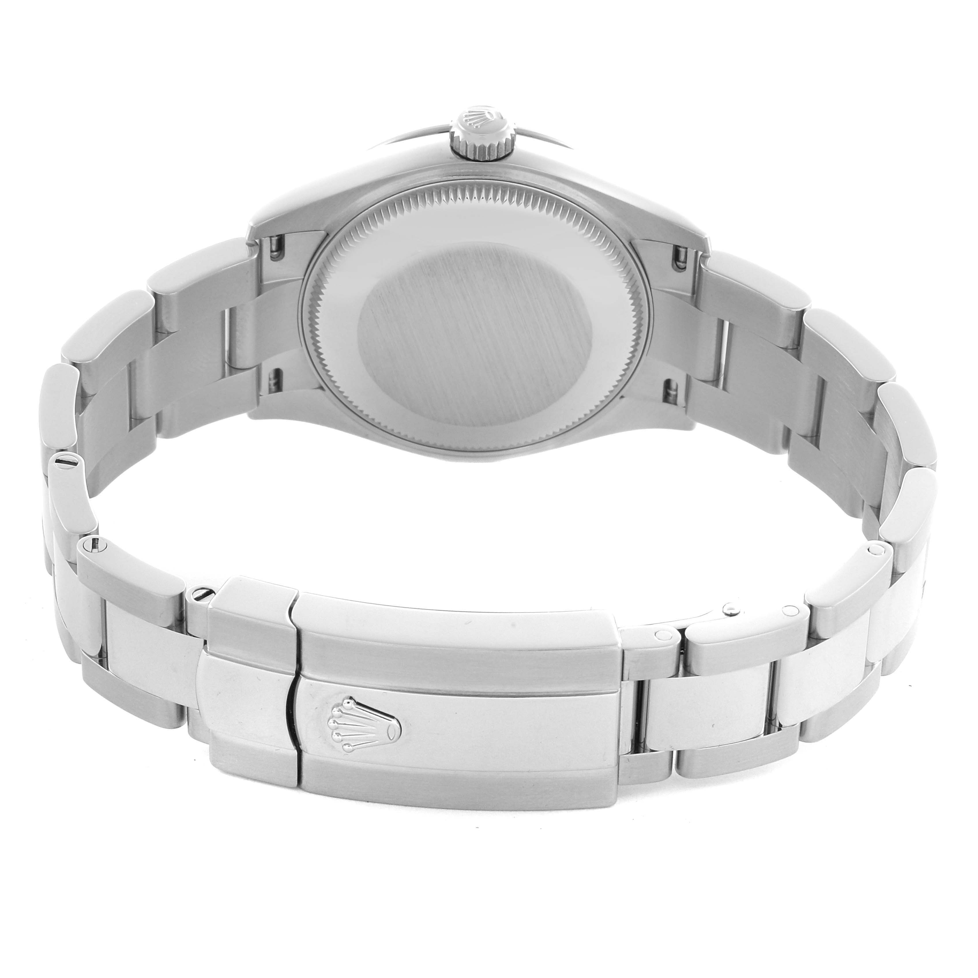 The image shows the back view of a Rolex Mid-Size 278274 Women
s Stainless Steel Blue Dial 278274 Women
s Stainless Steel Blue Dial model, highlighting the clasp and bracelet links.