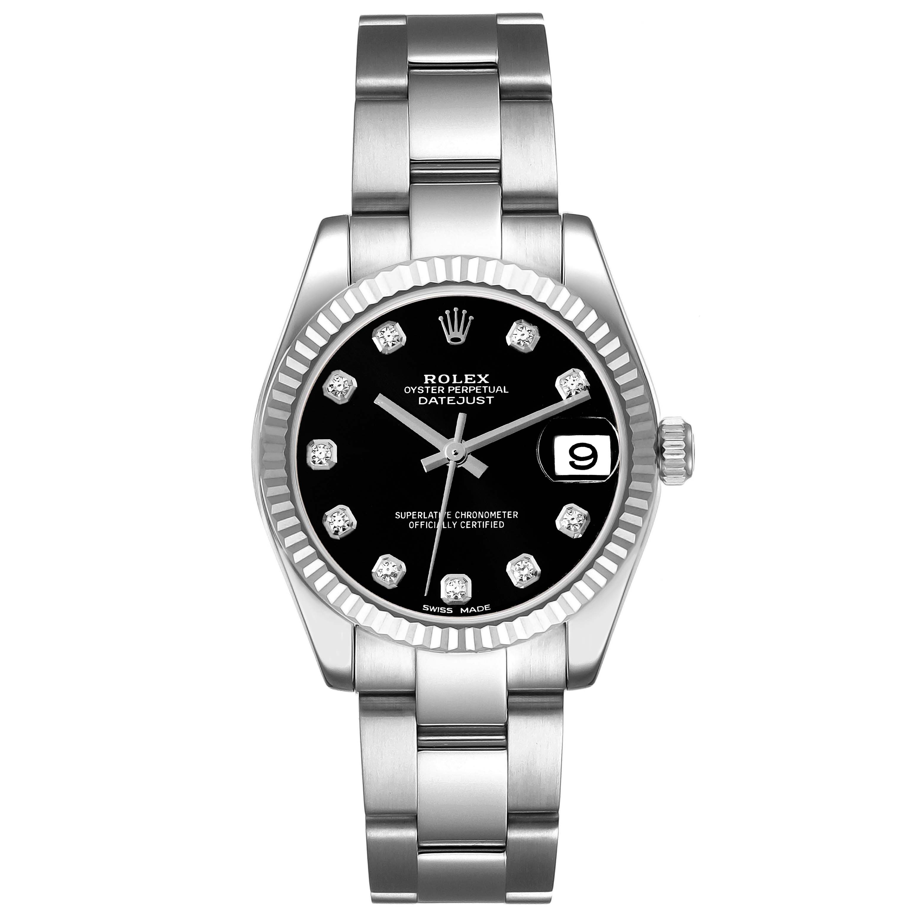 The image shows a front view of a Mid-Size Rolex Datejust watch with a black dial, diamond hour markers, and a stainless steel bracelet.