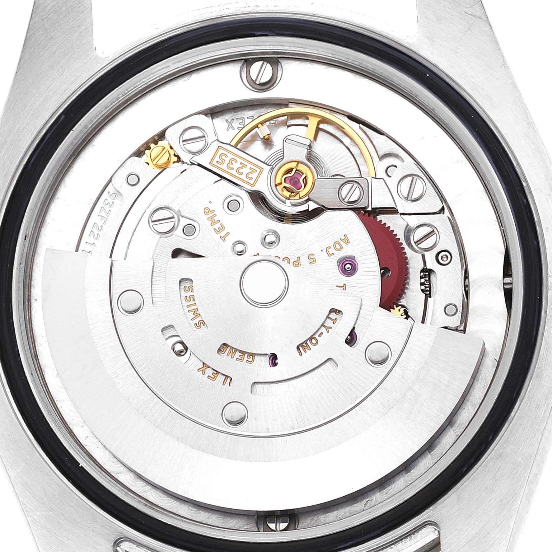The image shows the back side of a Rolex Mid-Size 178274 Women
s Stainless Steel Black Dial 178274 Women
s Stainless Steel Black Dial watch, revealing its internal mechanical movement.