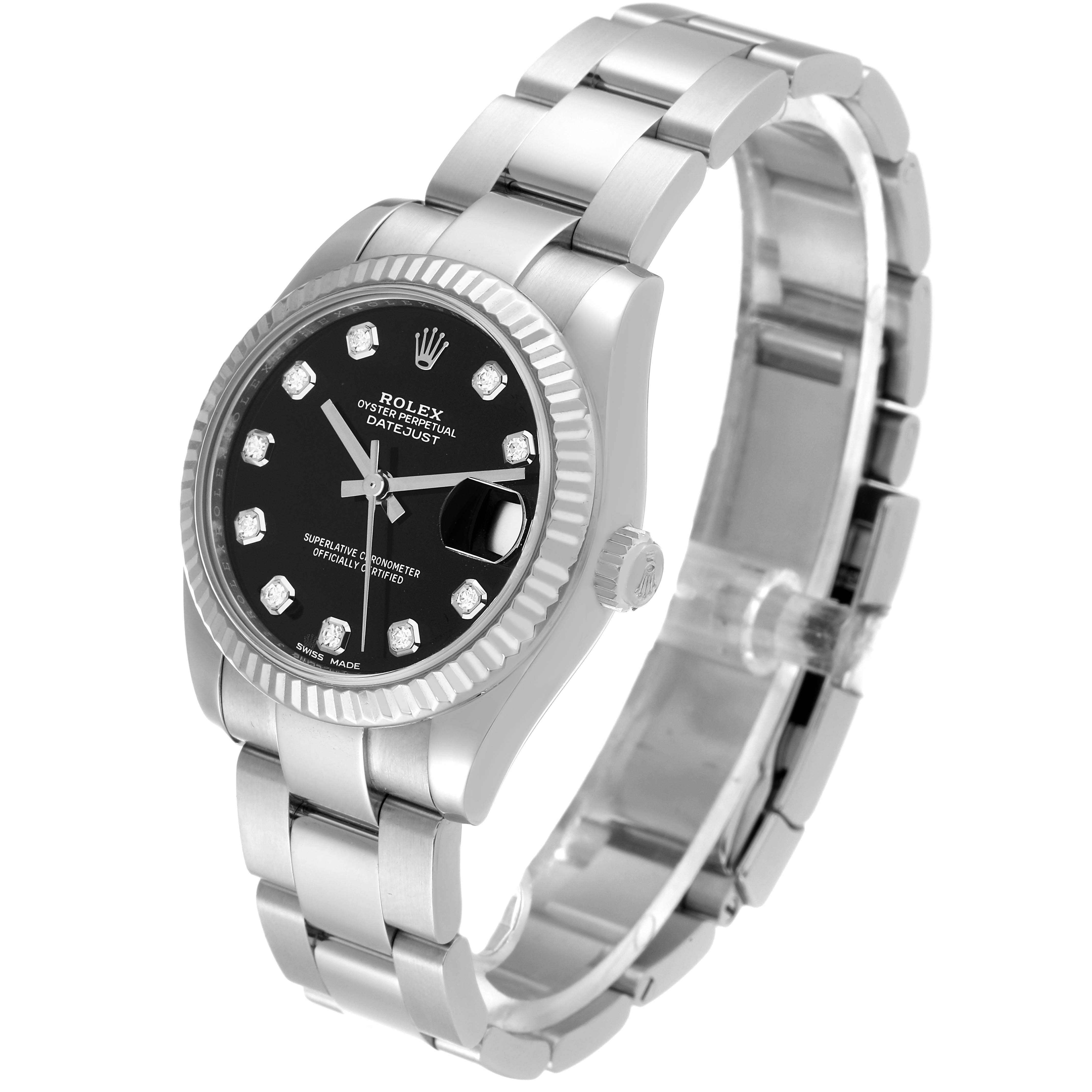 The image shows a side angle of a Rolex Mid-Size 178274 Women
s Stainless Steel Black Dial 178274 Women
s Stainless Steel Black Dial Datejust watch highlighting the dial, bezel, and bracelet.
