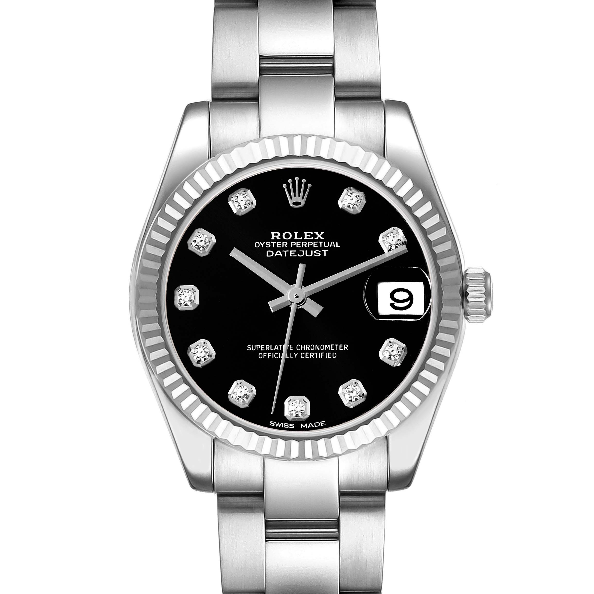 The image shows a front view of a Rolex Oyster Perpetual Datejust Mid-Size watch with a black dial and diamond hour markers.