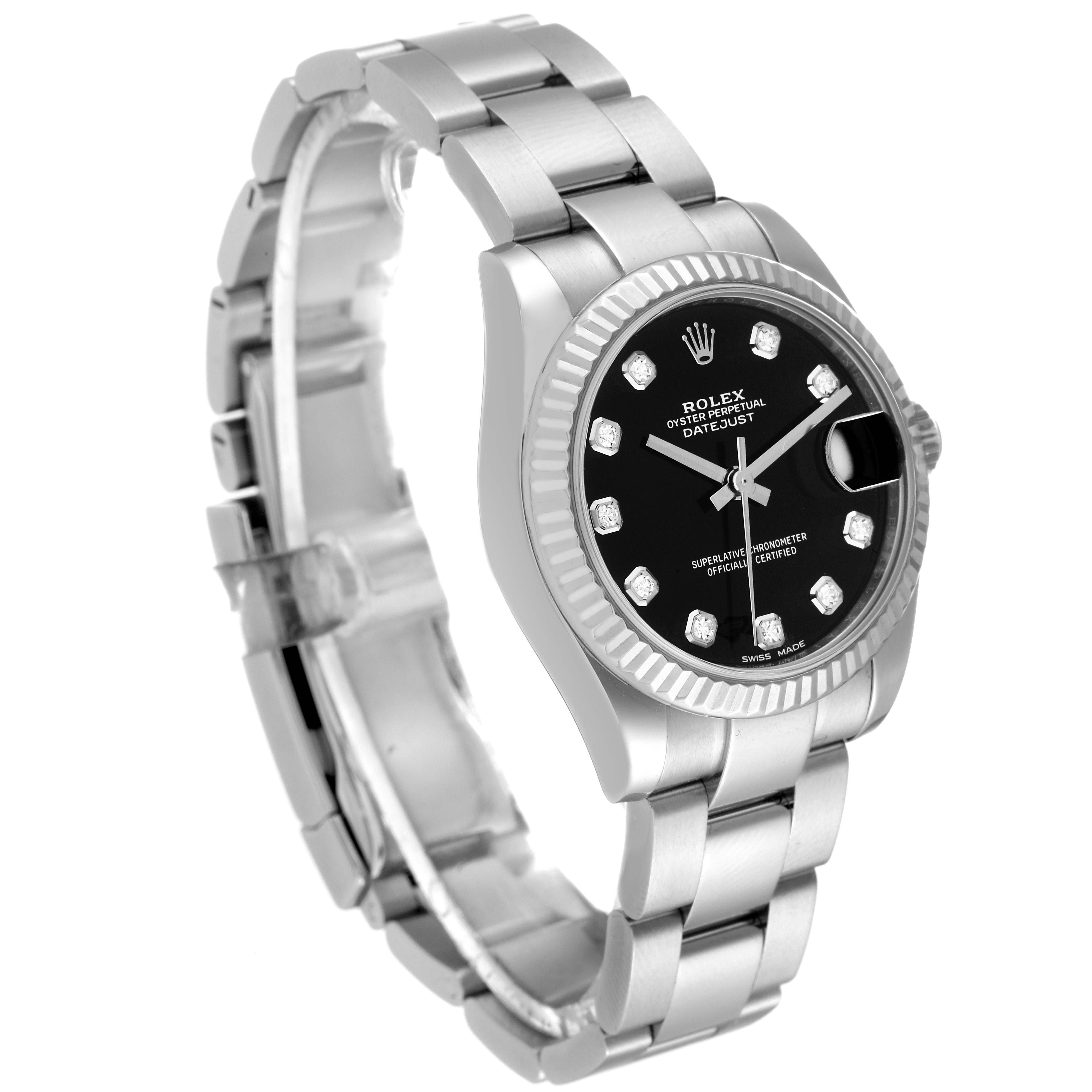 The image shows a side and front angled view of a Rolex Mid-Size 178274 Women
s Stainless Steel Black Dial 178274 Women
s Stainless Steel Black Dial Oyster Perpetual Datejust watch with a black dial and silver bracelet.