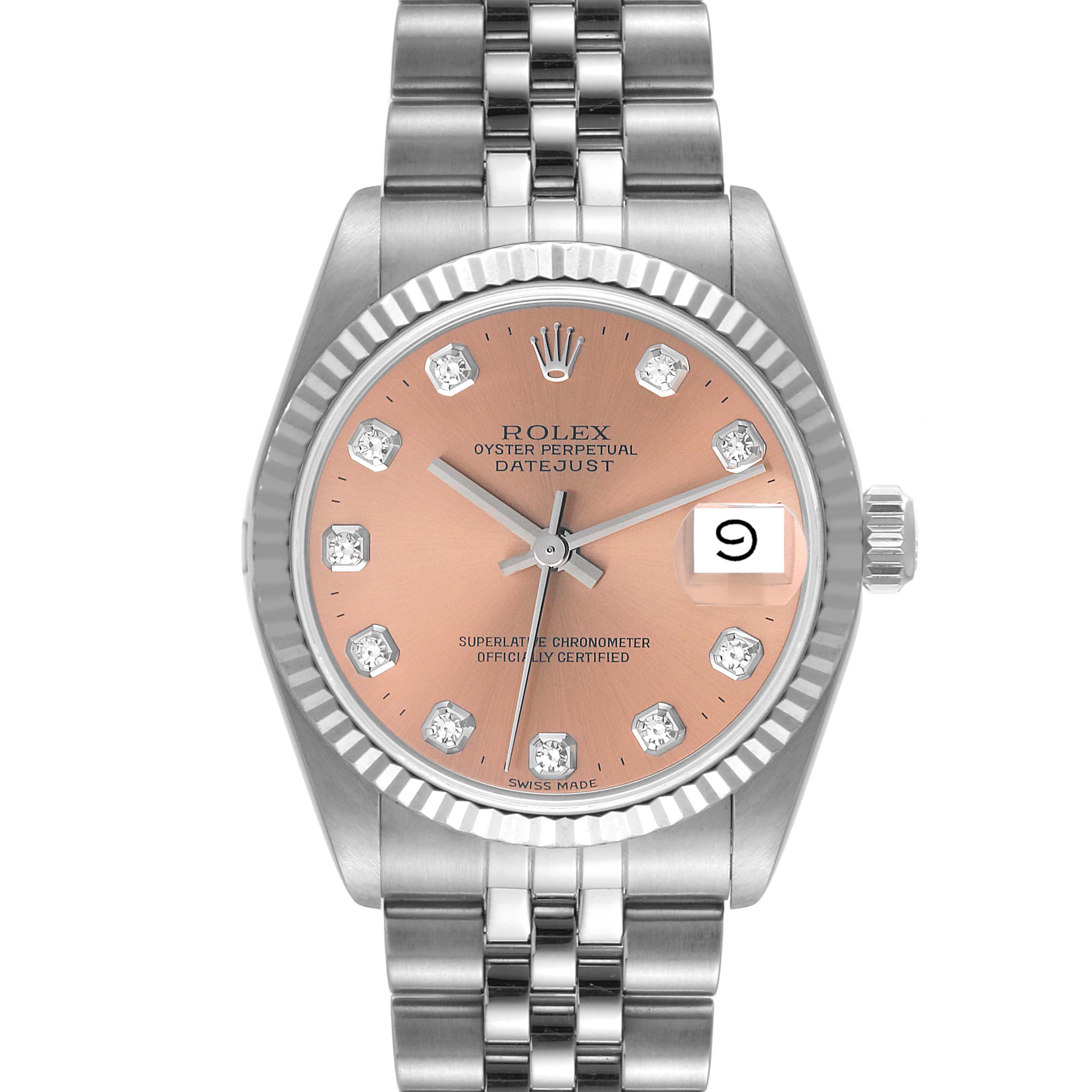 This image shows a front view of a Rolex Mid-Size 68274 Women
s Stainless Steel Pink Dial 68274 Women
s Stainless Steel Pink Dial Datejust watch with a pink dial, diamond hour markers, and a steel bracelet.