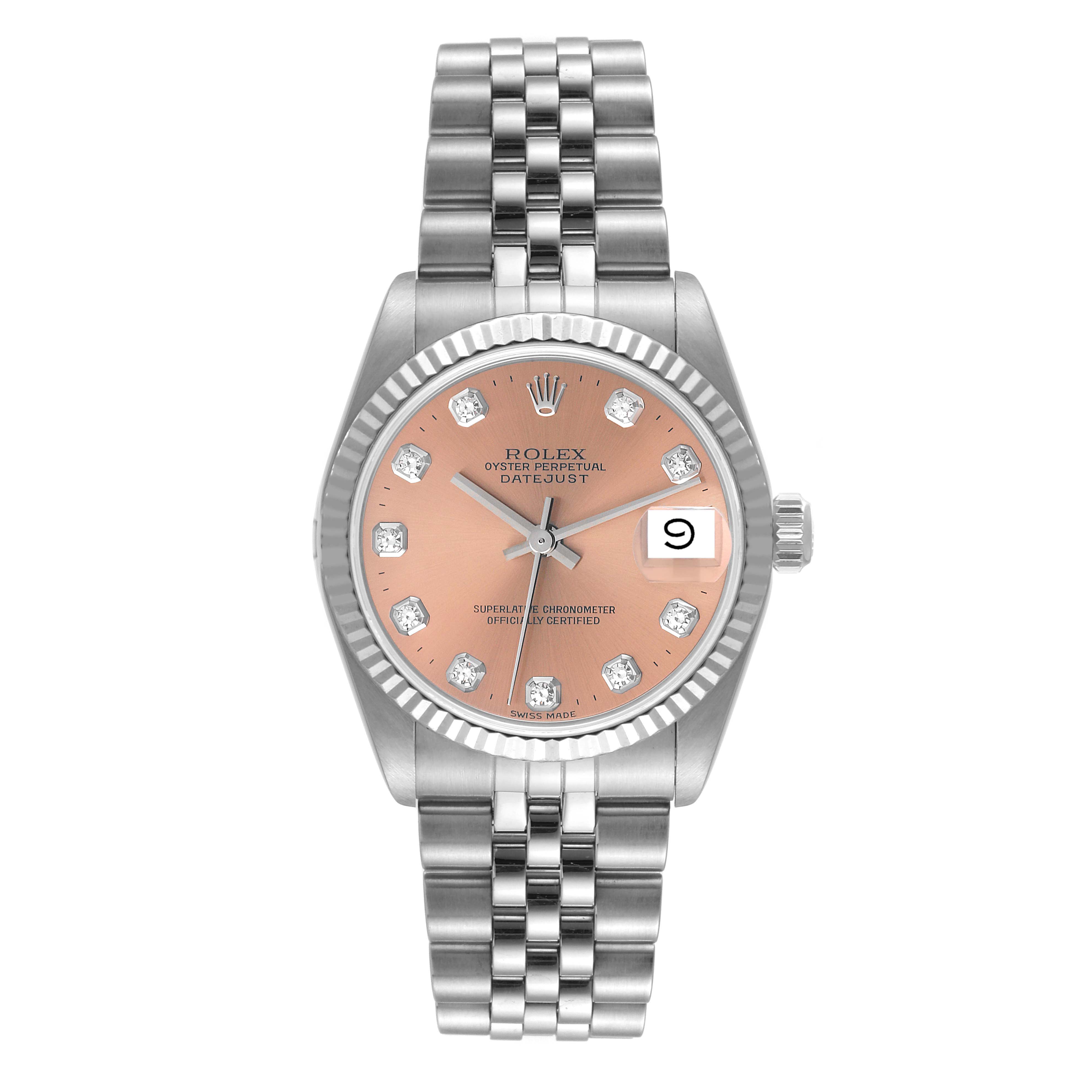 The image shows a front view of a Mid-Size Rolex Datejust watch with a silver bracelet and a pink dial.
