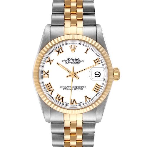 The Rolex Mid-Size Oyster Perpetual Datejust watch is shown from the front, displaying its dial, bezel, crown, and bracelet.