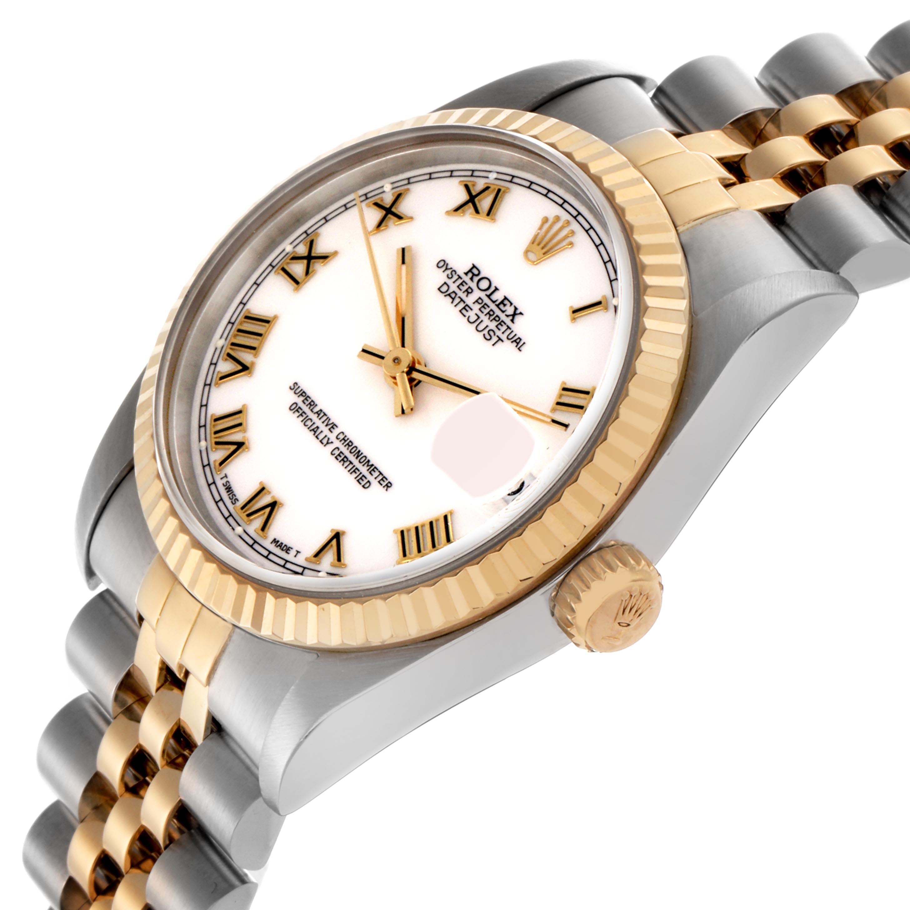 The Rolex Mid-Size 68273 Women's Steel and Gold (two tone) White Dial 68273 Women's Steel and Gold (two tone) White Dial model is shown at a slight angle, highlighting the face, bezel, crown, and bracelet.