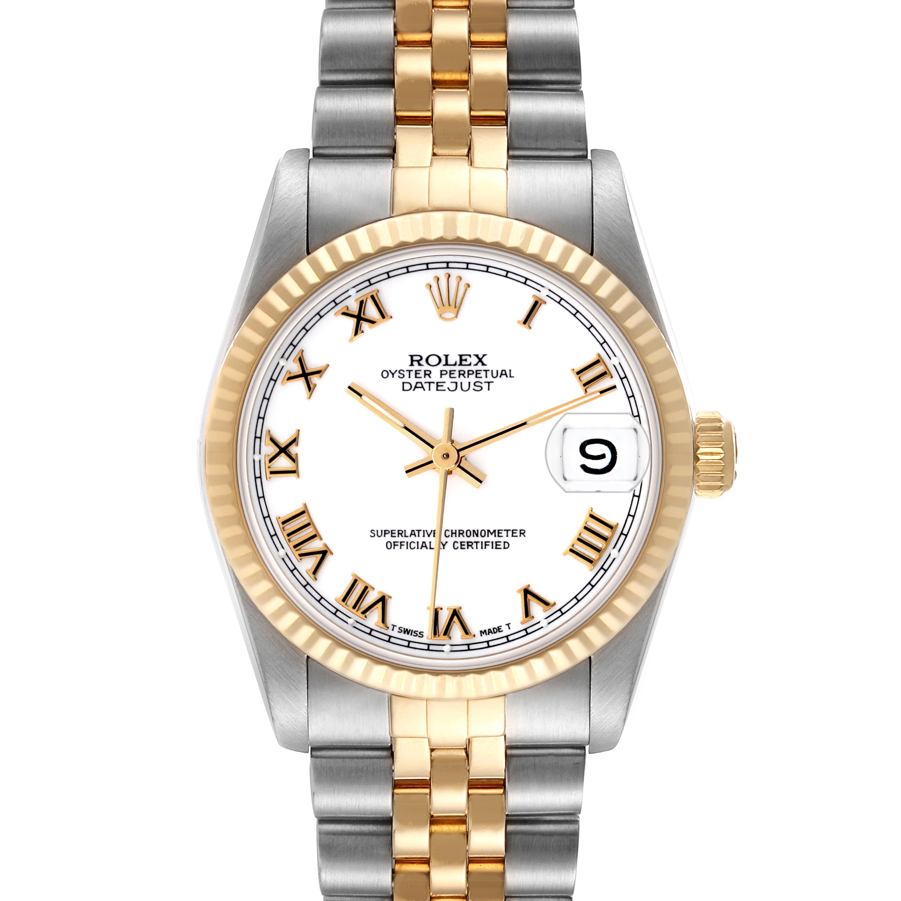 The Rolex Datejust Mid-Size watch is shown from the front, highlighting the dial, bezel, and two-tone bracelet.