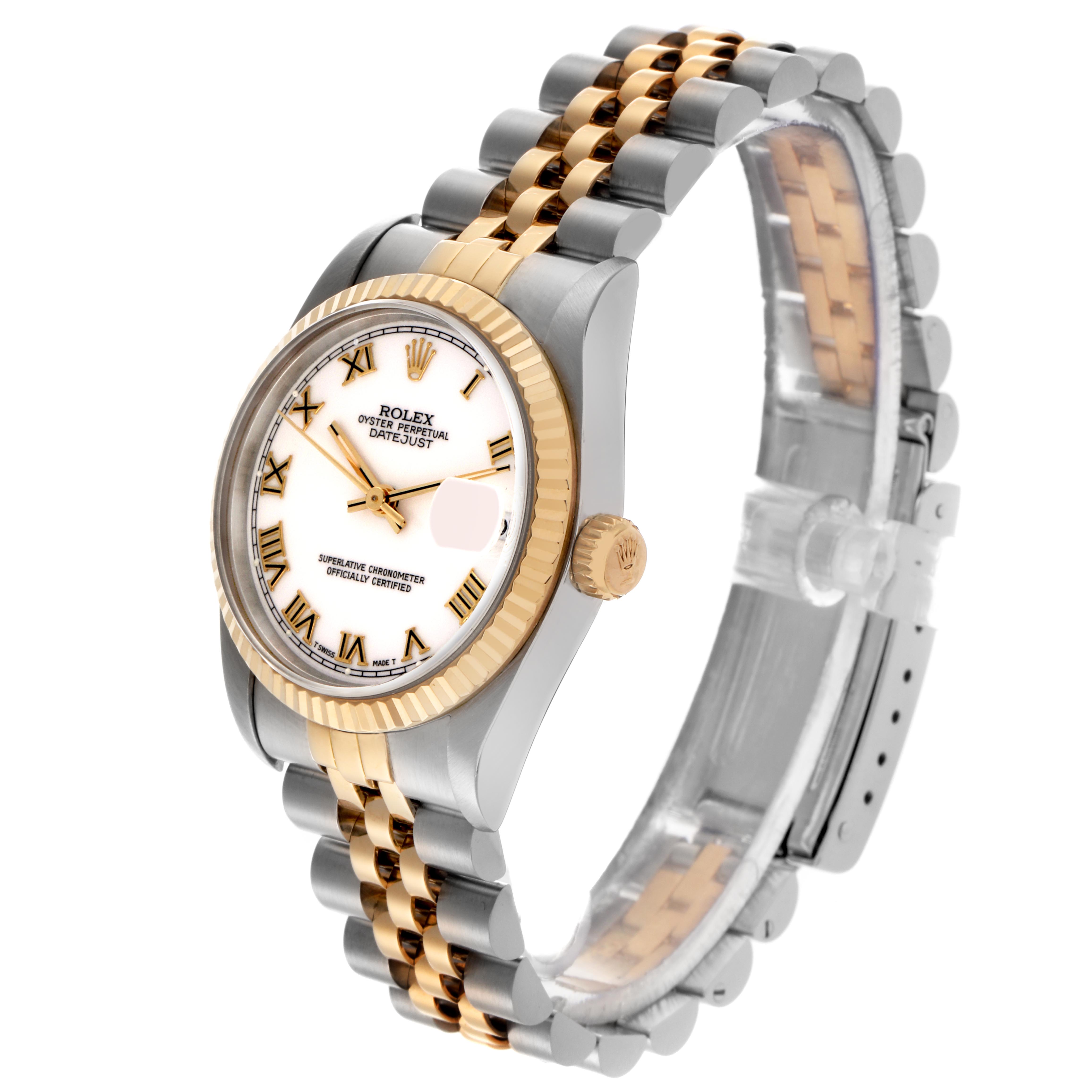 The Rolex Datejust Mid-Size watch is shown at an angled view, highlighting the dial, hour markers, bezel, crown, and two-tone bracelet.