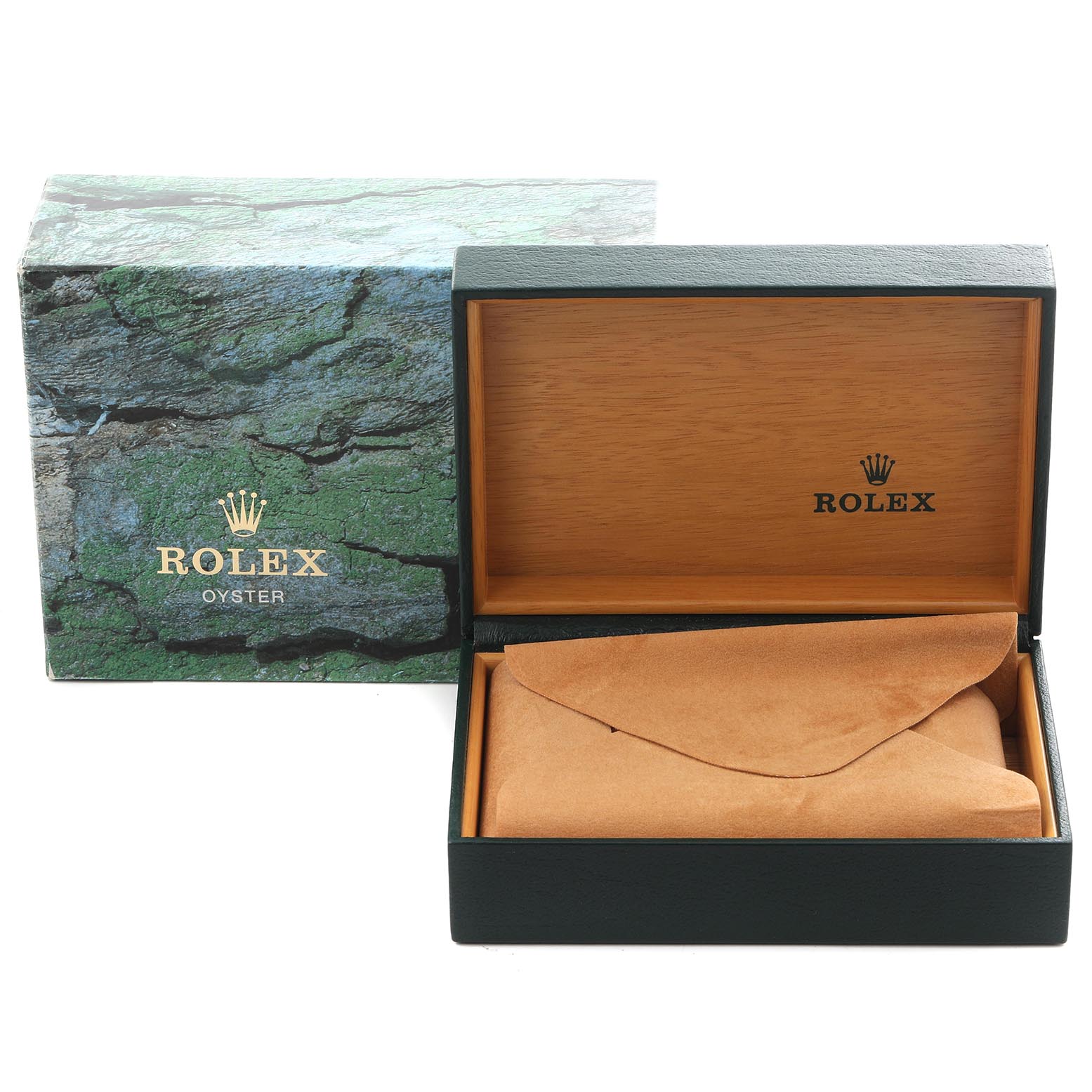 The image shows a Rolex Oyster watch box open, revealing a suede pouch inside.