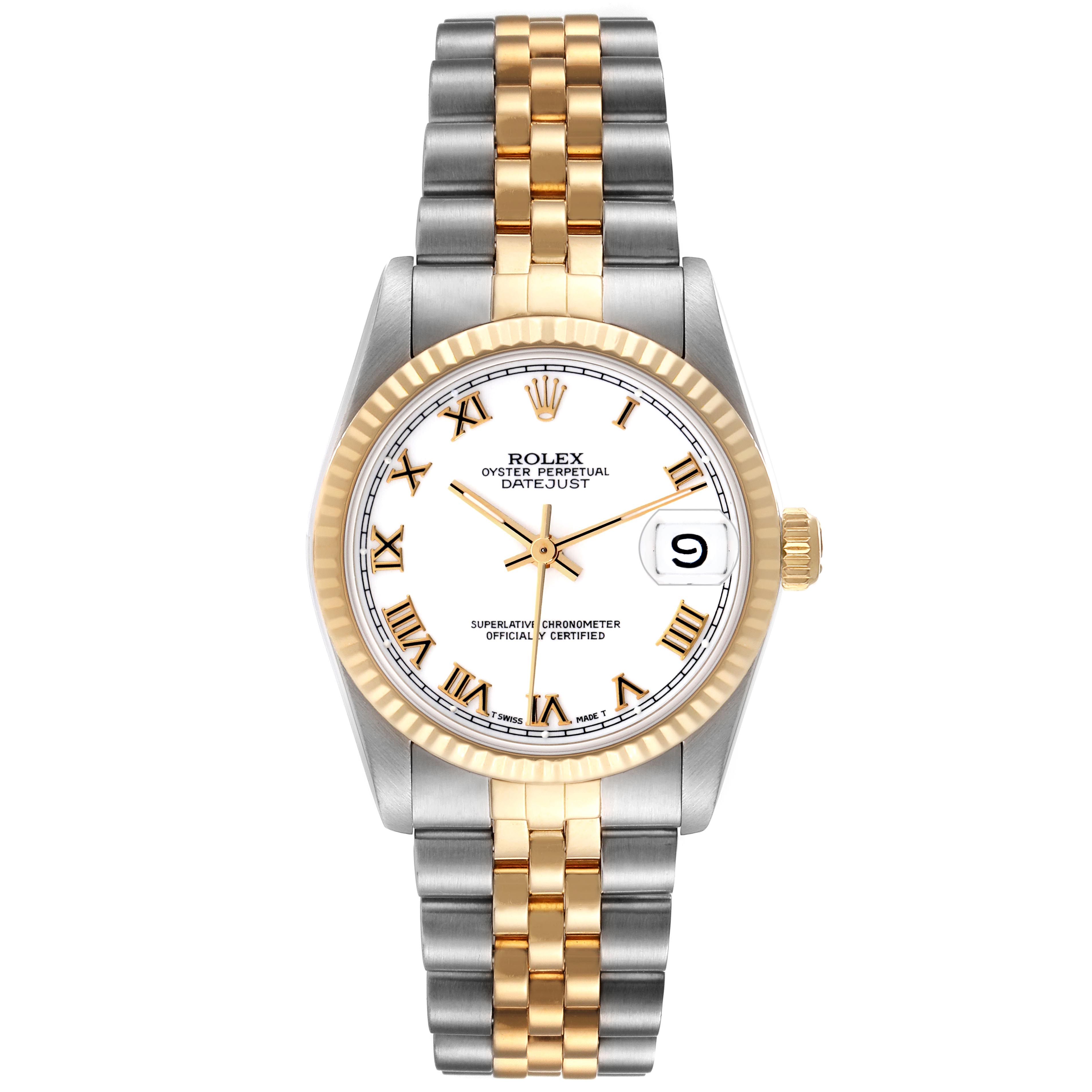 The Rolex Mid-Size 68273 Women's Steel and Gold (two tone) White Dial 68273 Women's Steel and Gold (two tone) White Dial model is shown from a top-down angle, displaying the watch face, bezel, bracelet, and crown.