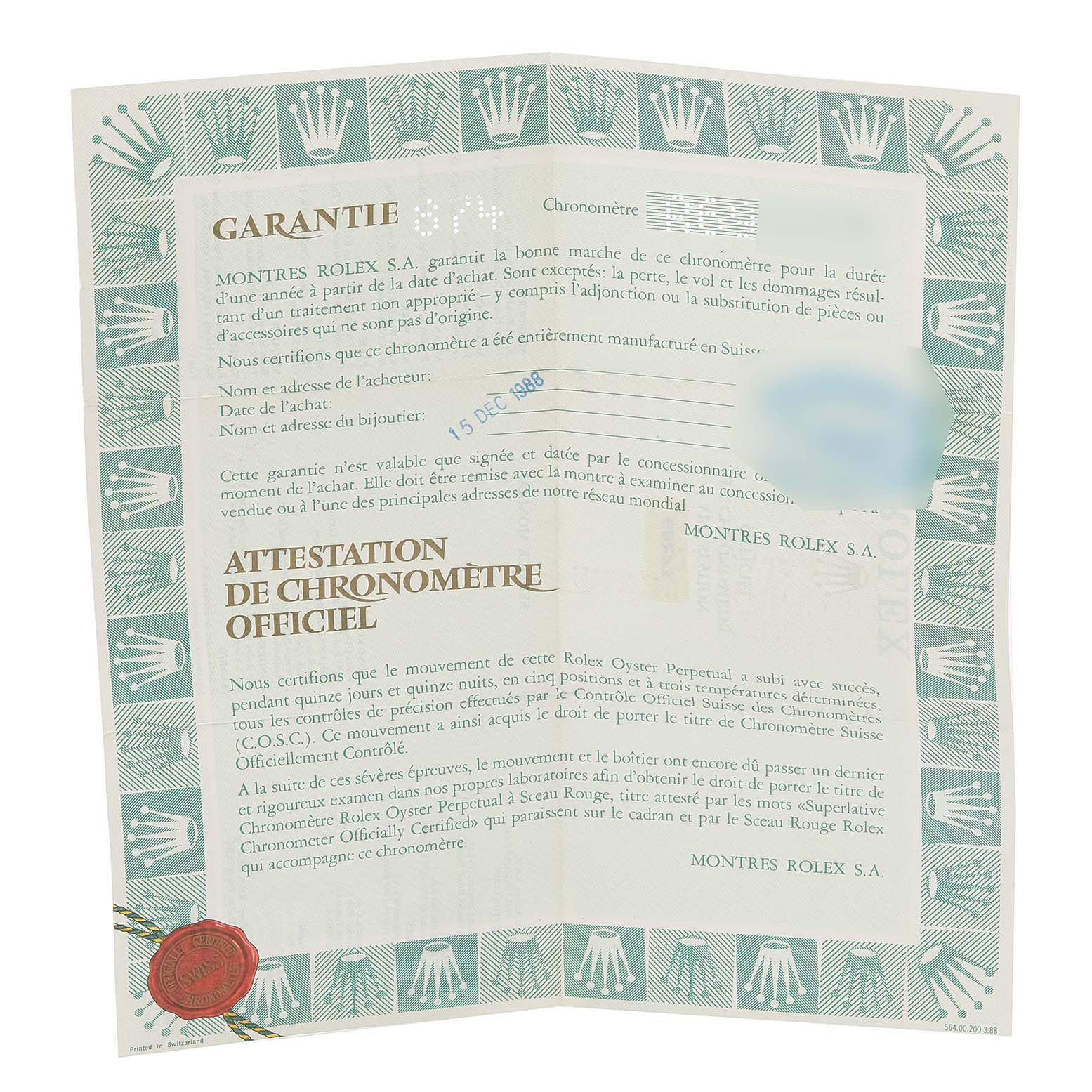 The image shows the official Rolex chronometer certification and warranty document for a Rolex Mid-Size 68273 Women's Steel and Gold (two tone) Champagne Dial 68273 Women's Steel and Gold (two tone) Champagne Dial model, dated 1988.