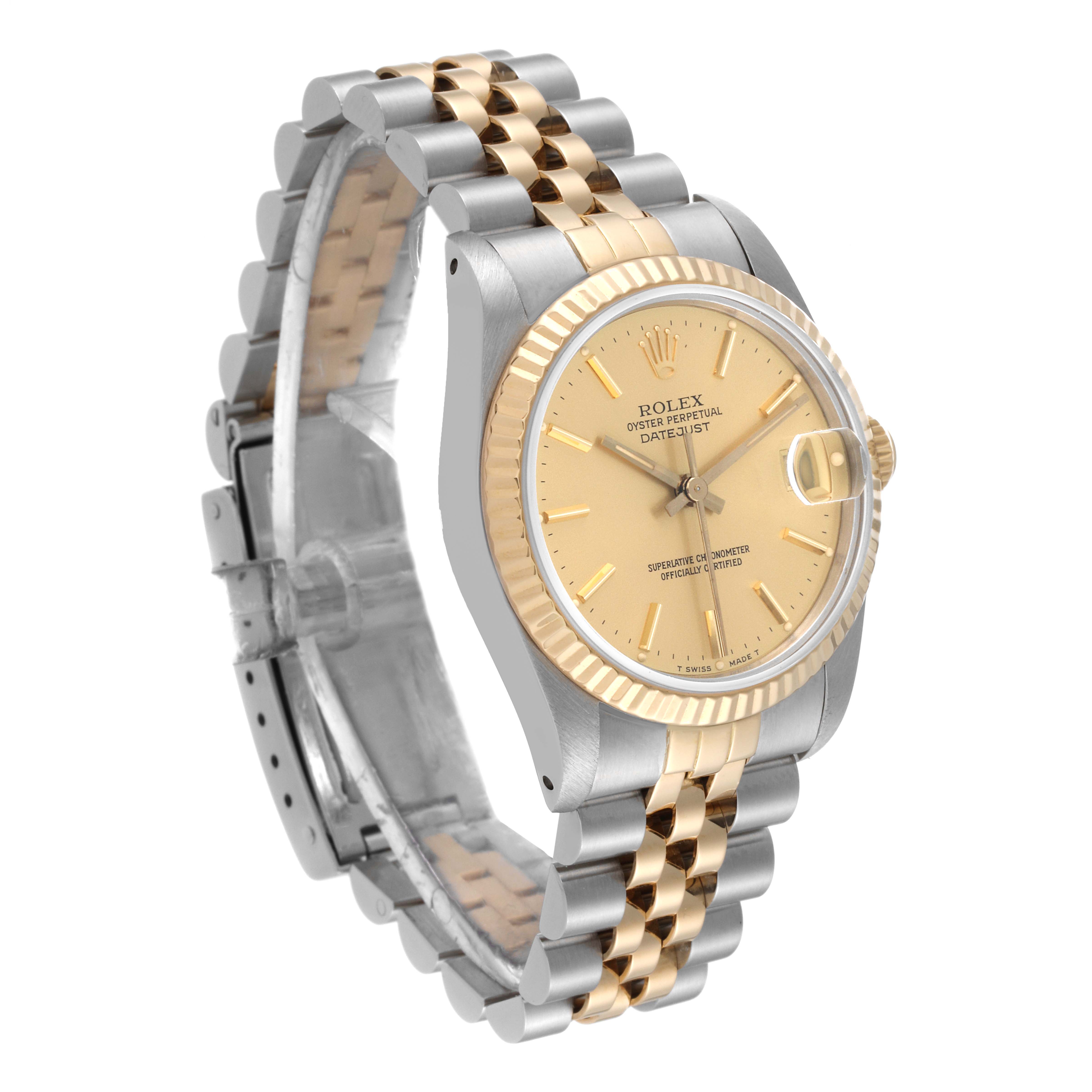 The Rolex Datejust Mid-Size watch is shown at an angled side view, highlighting the face, bezel, and two-tone bracelet.