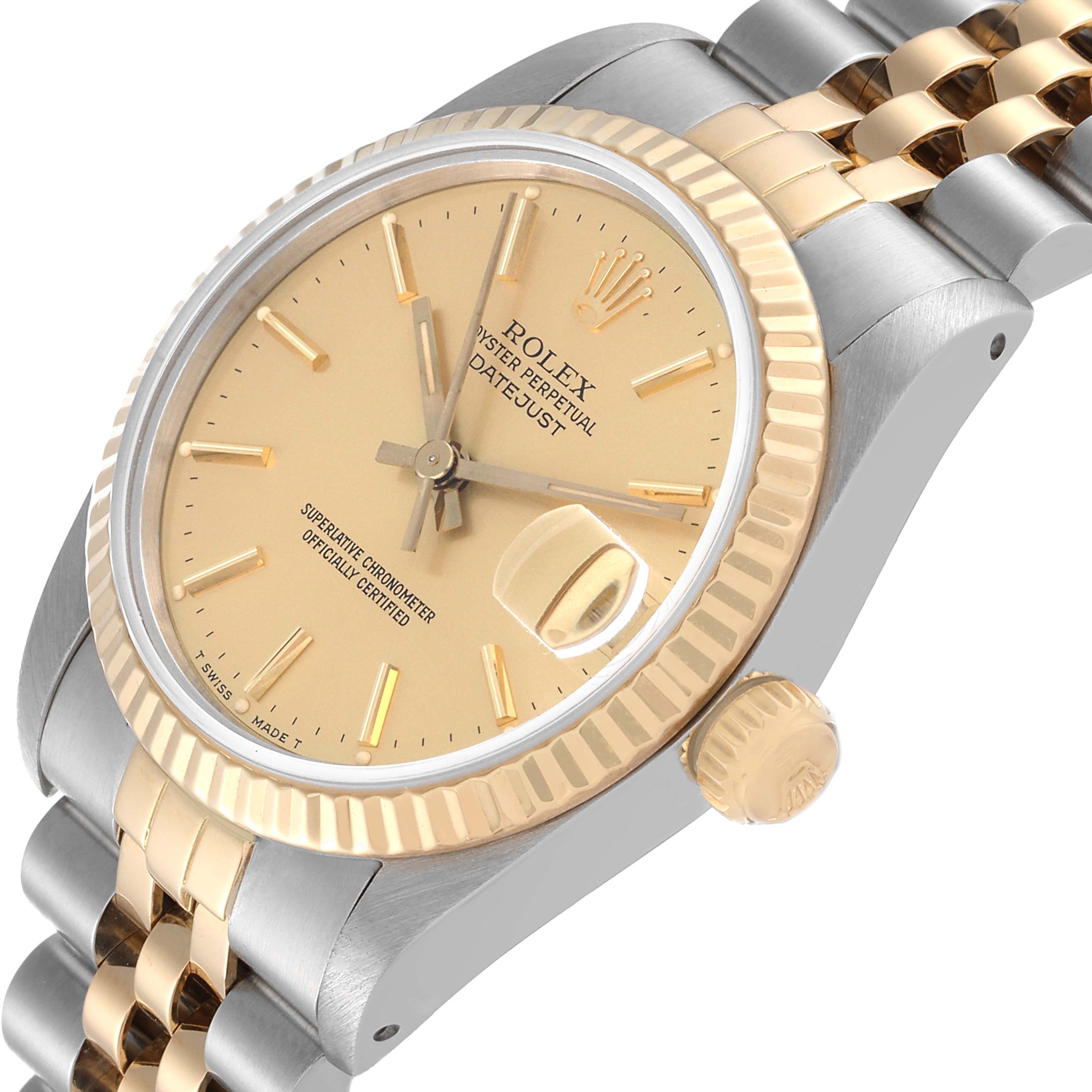 The image shows a Rolex Datejust Mid-Size watch from an angled side view, highlighting the face, bezel, crown, and part of the bracelet.