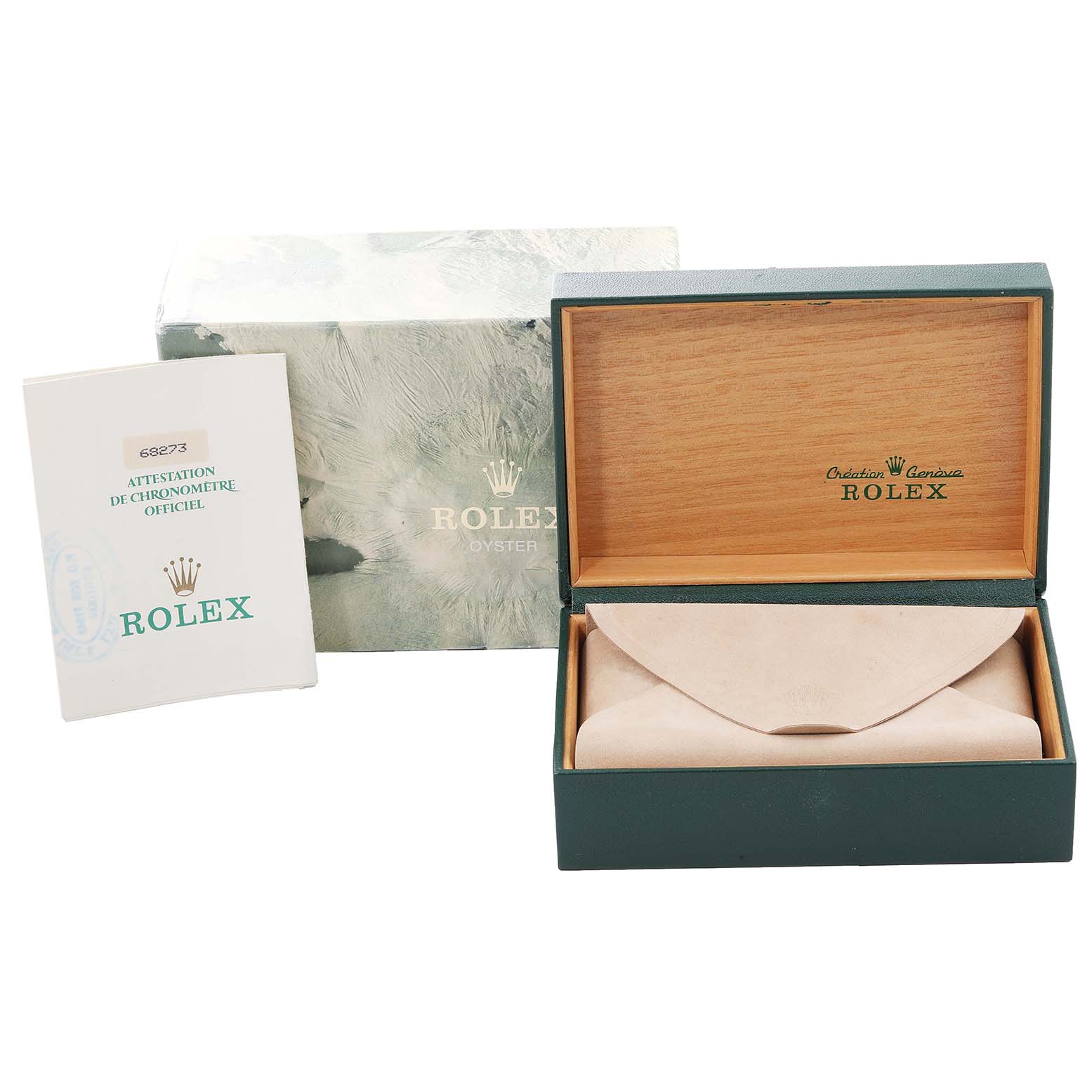 The image shows a Rolex Mid-Size 68273 Women's Steel and Gold (two tone) Champagne Dial 68273 Women's Steel and Gold (two tone) Champagne Dial watch box set, including an open box, outer sleeve, and a certificate booklet.