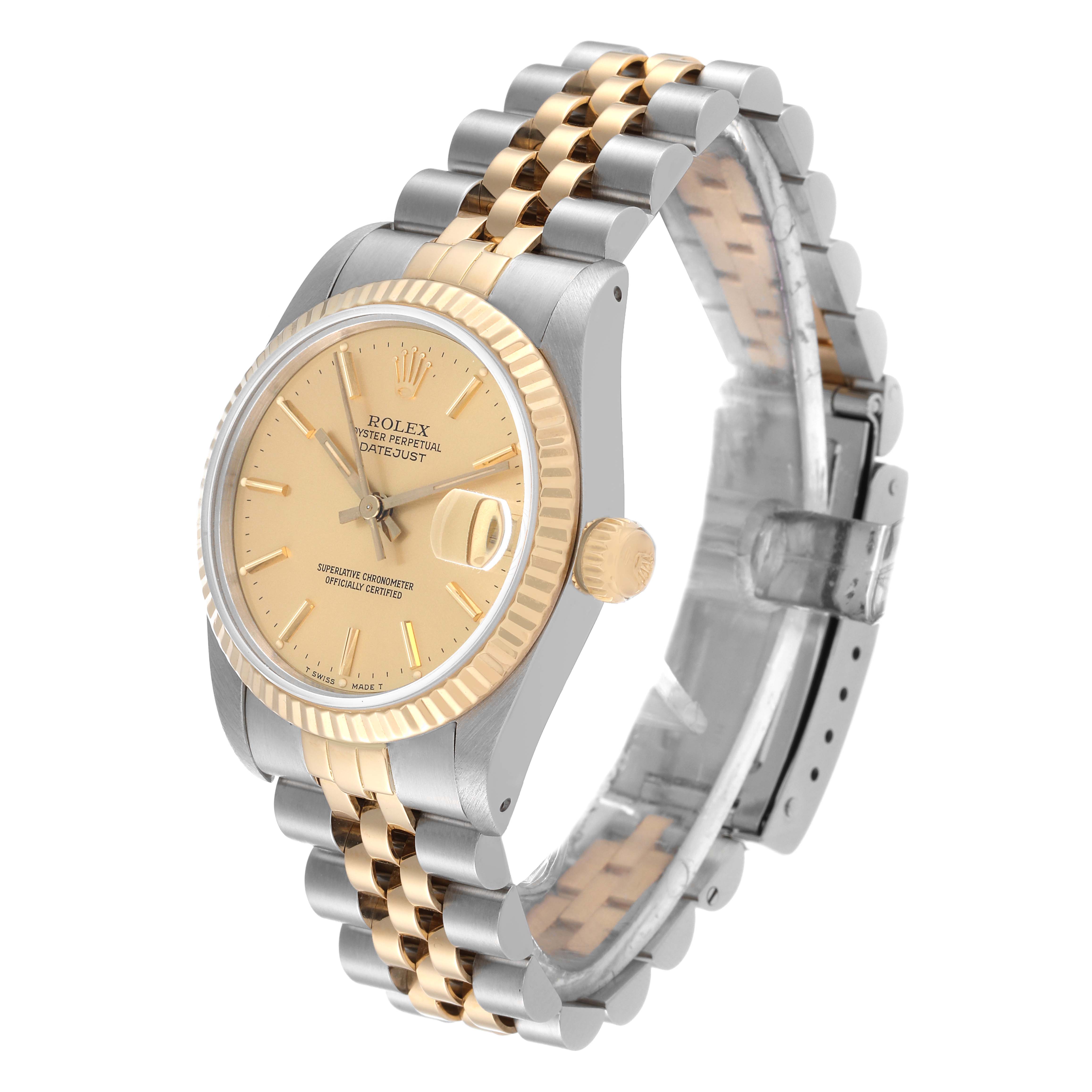 The Rolex Mid-Size 68273 Women's Steel and Gold (two tone) Champagne Dial 68273 Women's Steel and Gold (two tone) Champagne Dial watch is shown at a three-quarter angle, displaying the face, bezel, crown, and two-tone bracelet.