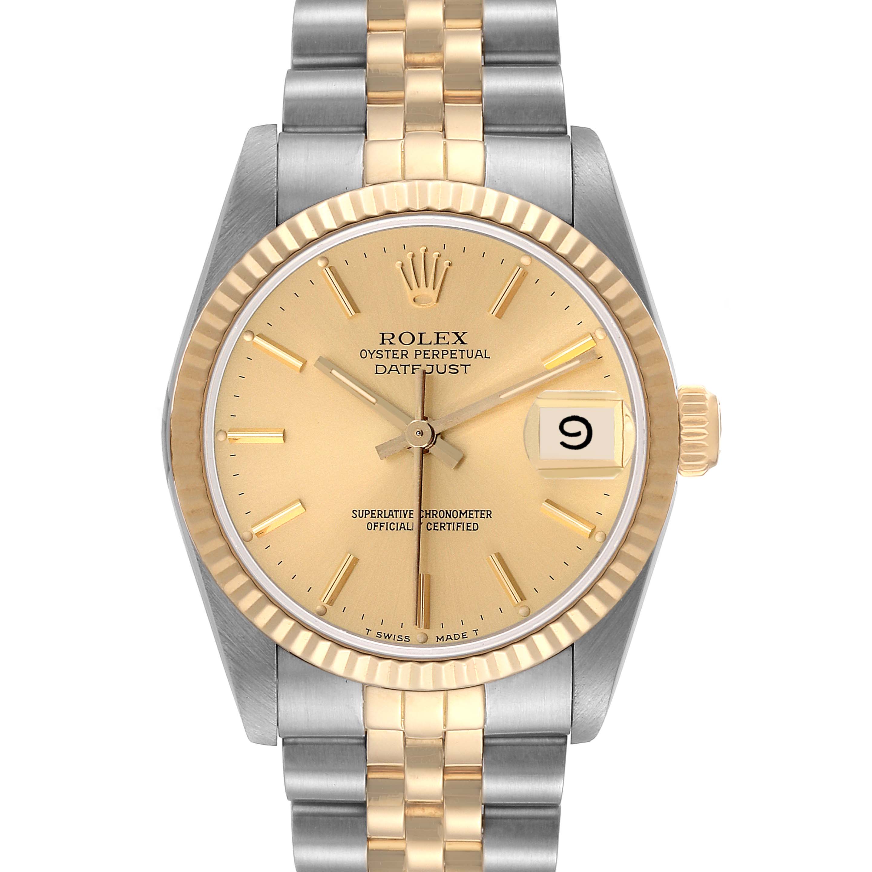 The image shows the front view of the Rolex Oyster Perpetual Datejust Mid-Size watch, highlighting its dial, bezel, and bracelet.