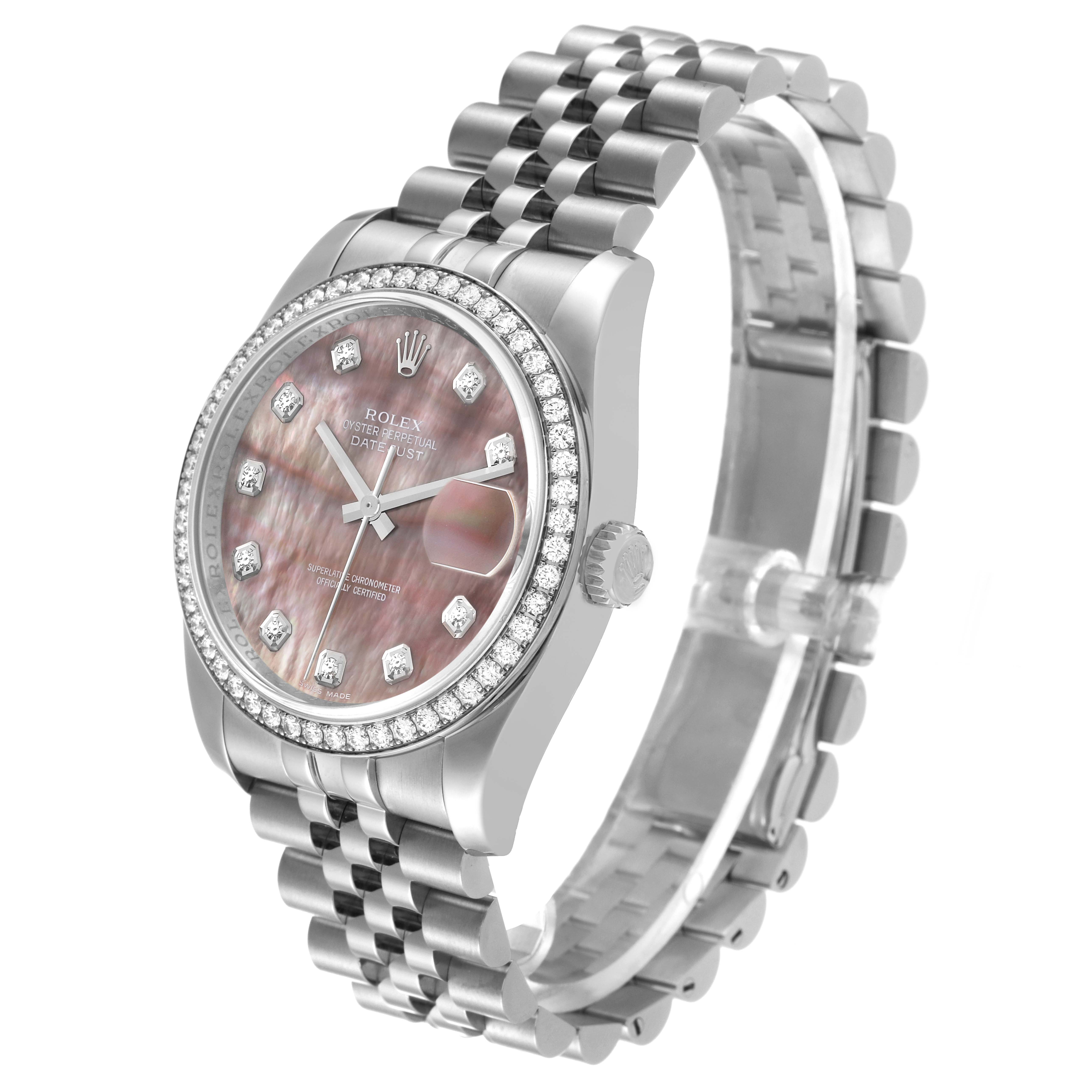 The image shows a side angle of a Rolex Datejust 116244 Men's Stainless Steel Mother of Pearl Dial 116244 Men's Stainless Steel Mother of Pearl Dial watch, highlighting the dial, case, crown, and bracelet.