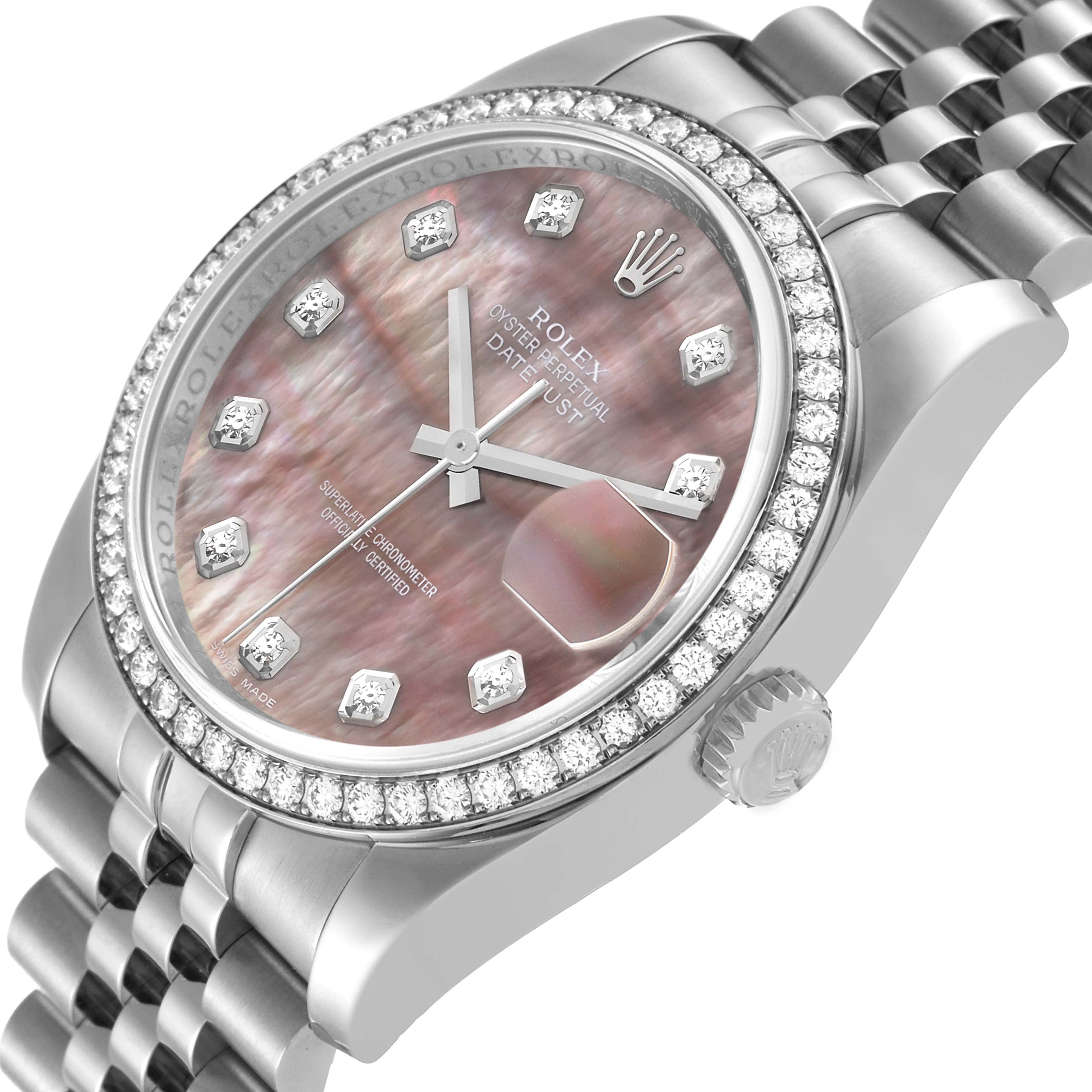The image shows a close-up angled view of a Rolex Datejust 116244 Men's Stainless Steel Mother of Pearl Dial 116244 Men's Stainless Steel Mother of Pearl Dial watch, highlighting the dial, bezel, crown, and part of the bracelet.