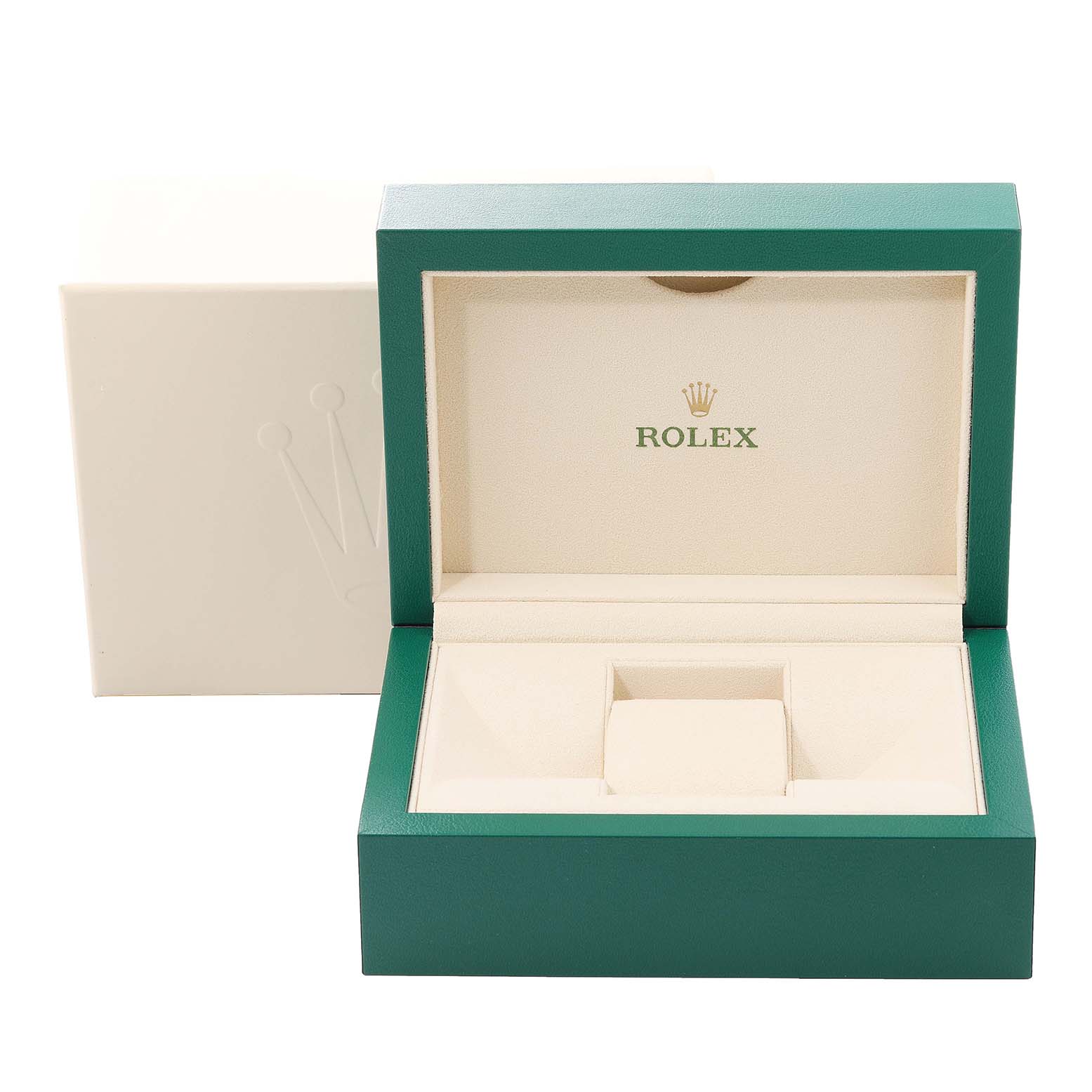 This image shows an open Rolex Datejust 116244 Men's Stainless Steel Mother of Pearl Dial 116244 Men's Stainless Steel Mother of Pearl Dial watch box, displaying the brand logo inside.