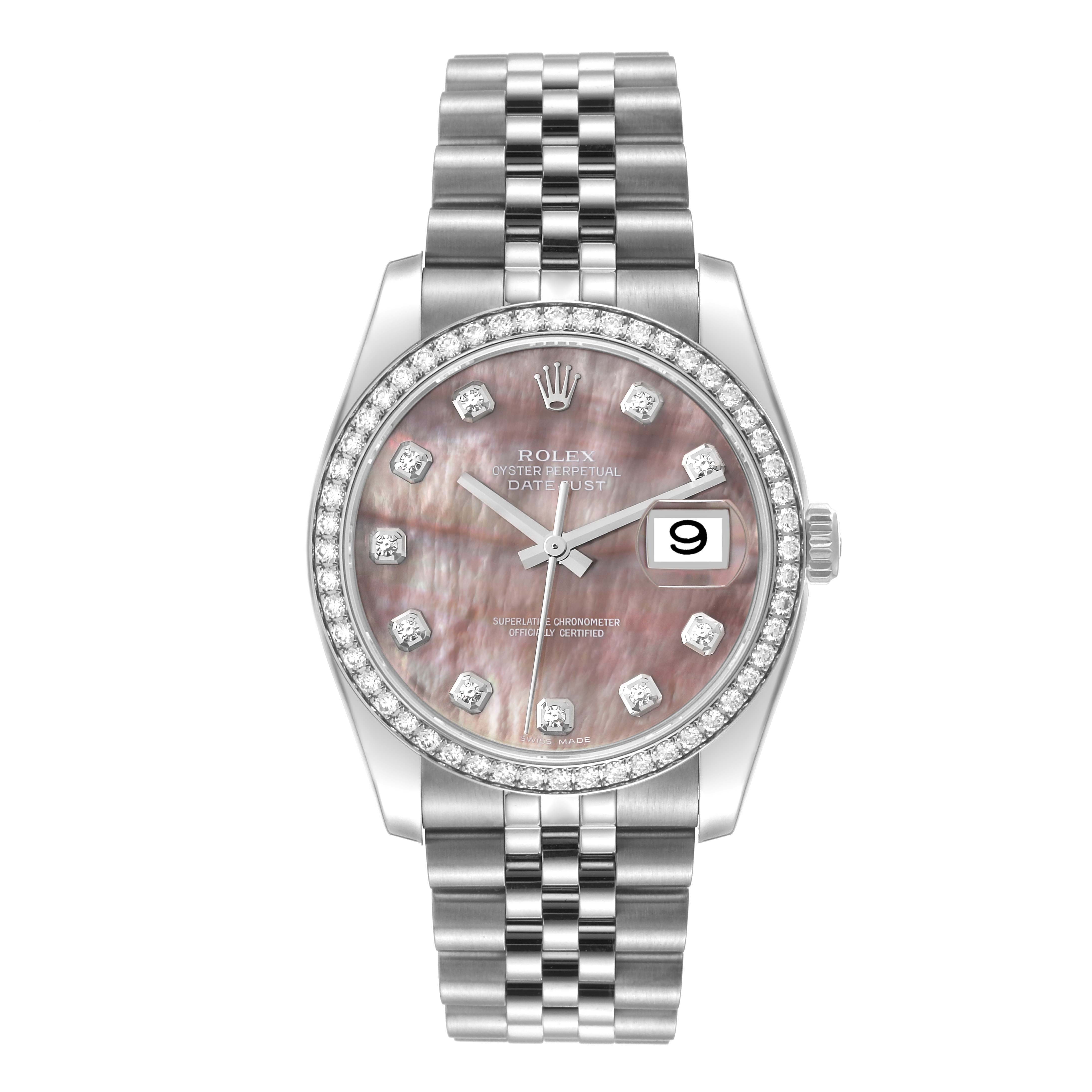 This image shows a Rolex Datejust 116244 Men's Stainless Steel Mother of Pearl Dial 116244 Men's Stainless Steel Mother of Pearl Dial model watch with a diamond bezel and a mother-of-pearl dial, viewed from the front.