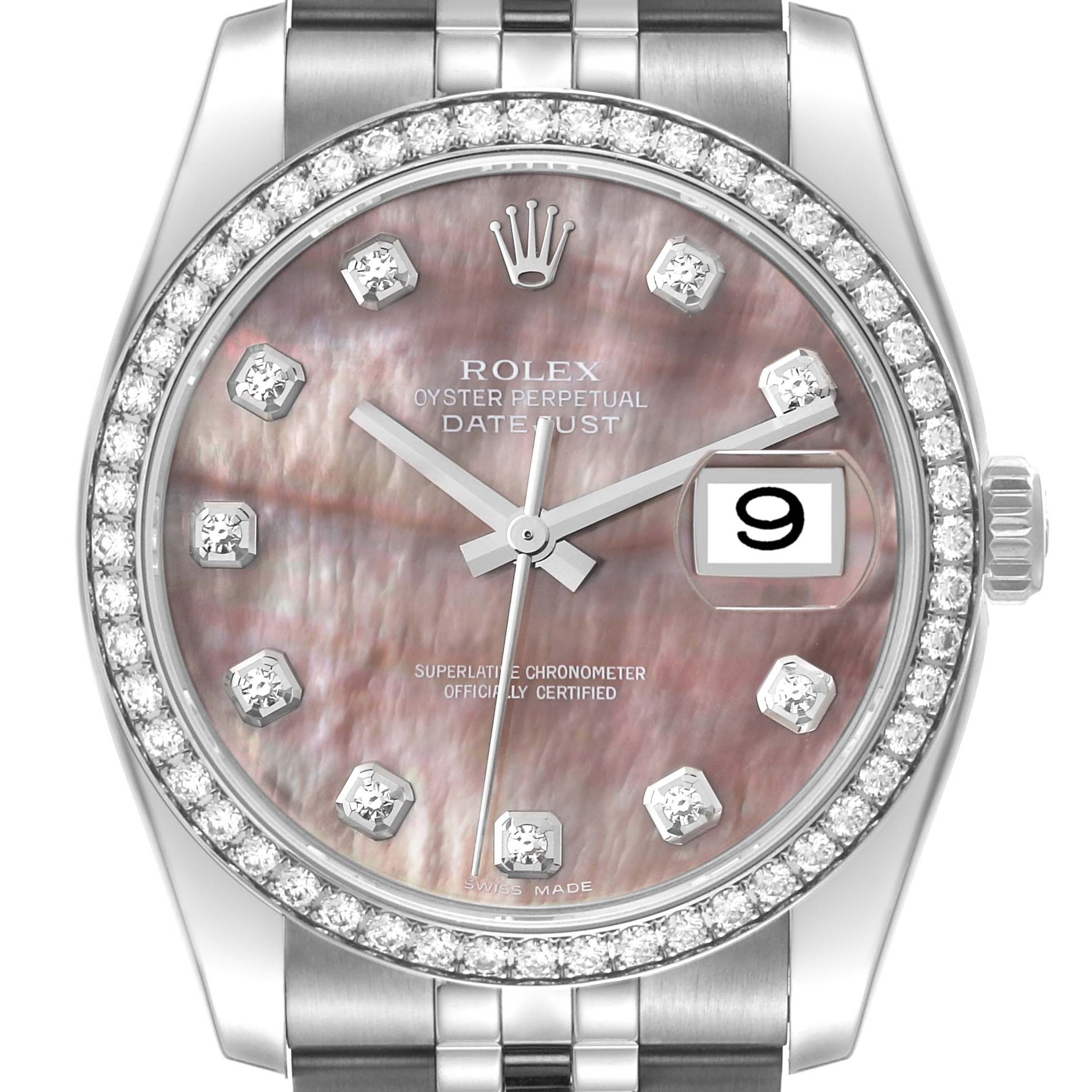 This image shows a close-up, frontal view of a Rolex Datejust 116244 Men's Stainless Steel Mother of Pearl Dial 116244 Men's Stainless Steel Mother of Pearl Dial watch, highlighting its mother-of-pearl dial, diamond hour markers, and date display.