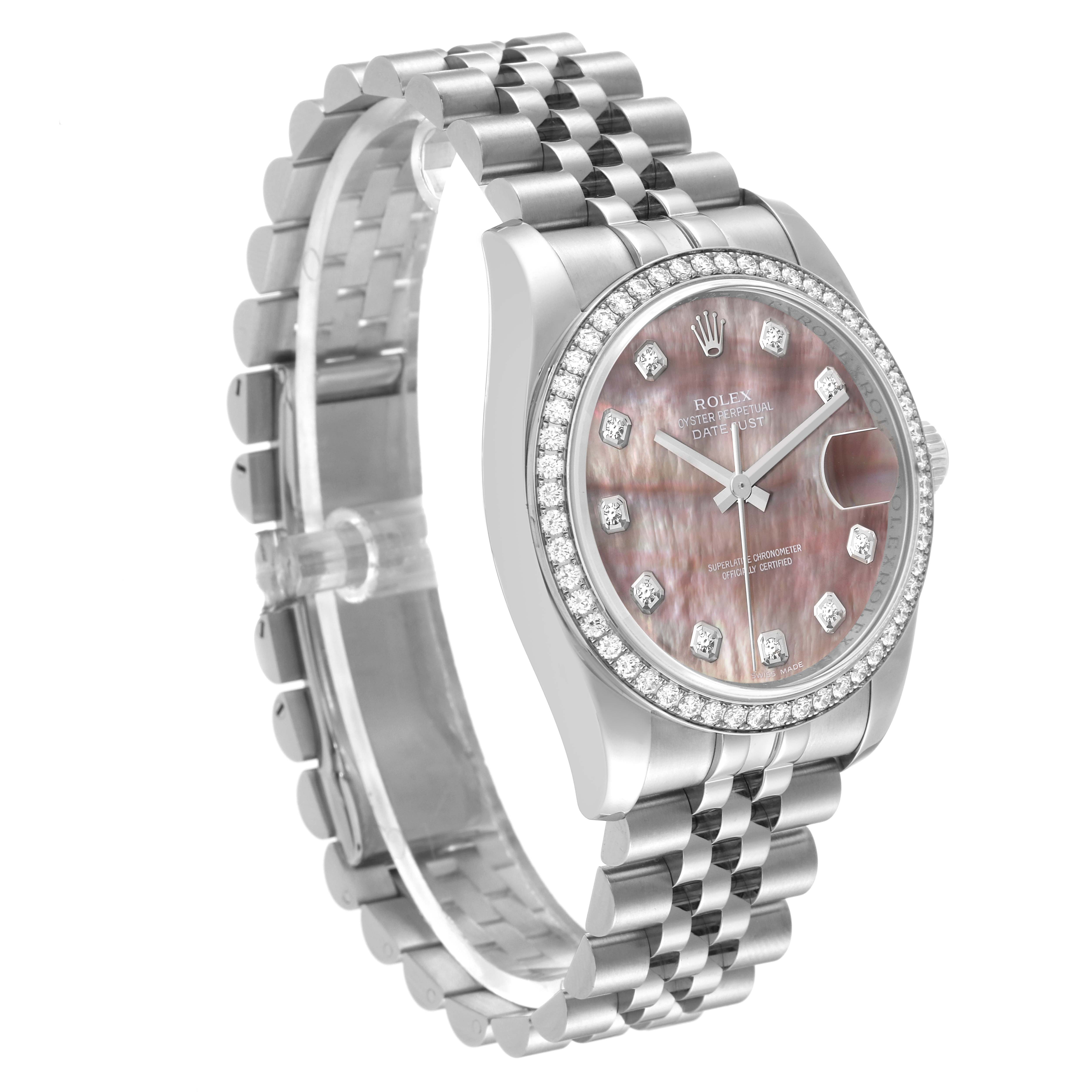 This image shows a Rolex Datejust 116244 Men's Stainless Steel Mother of Pearl Dial 116244 Men's Stainless Steel Mother of Pearl Dial watch at a slight side angle, highlighting its dial, bezel, and bracelet.