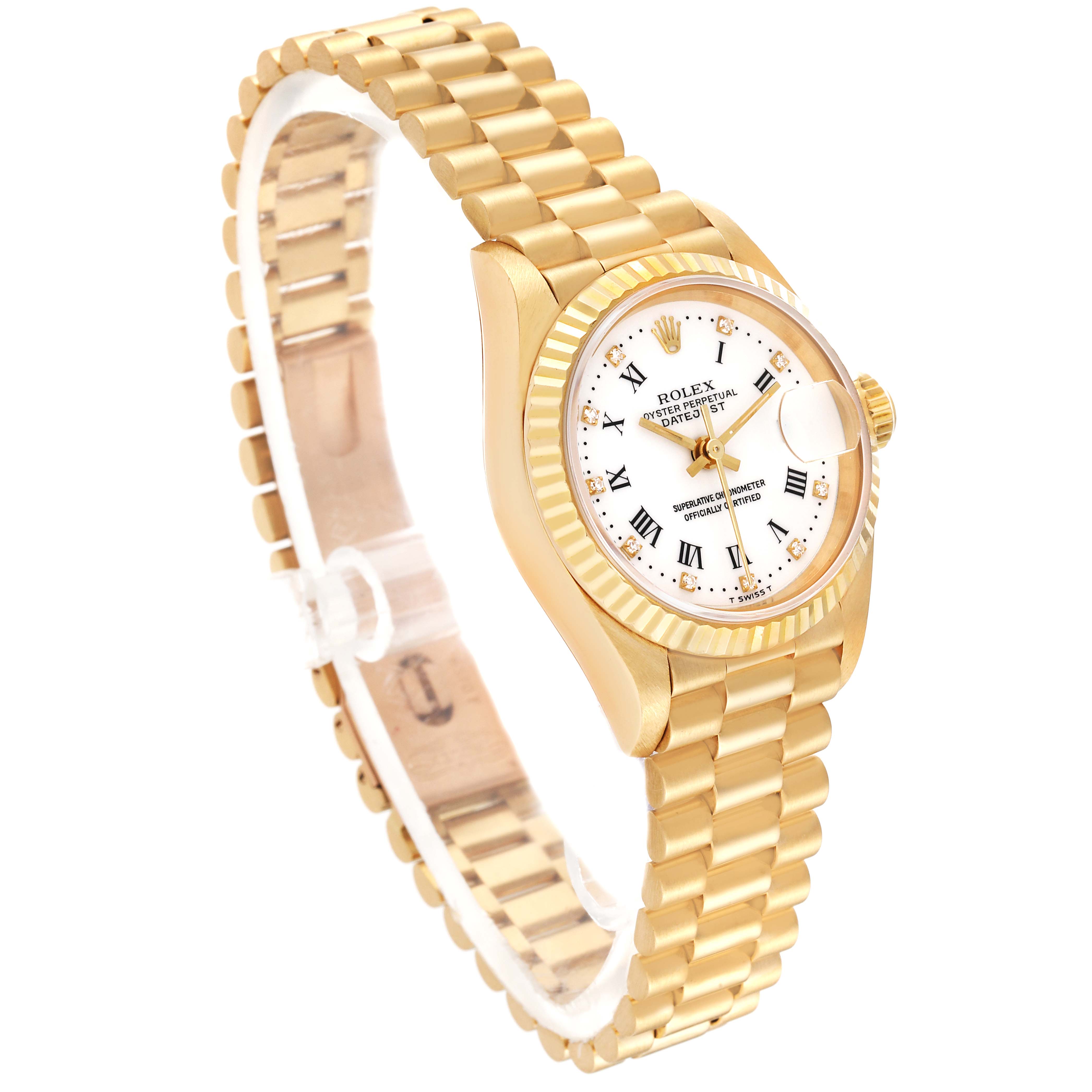 The image shows a side angle of a Rolex President 69178 Women's Yellow Gold White Dial 69178 Women's Yellow Gold White Dial model, highlighting the gold bracelet, fluted bezel, and white dial with Roman numerals.