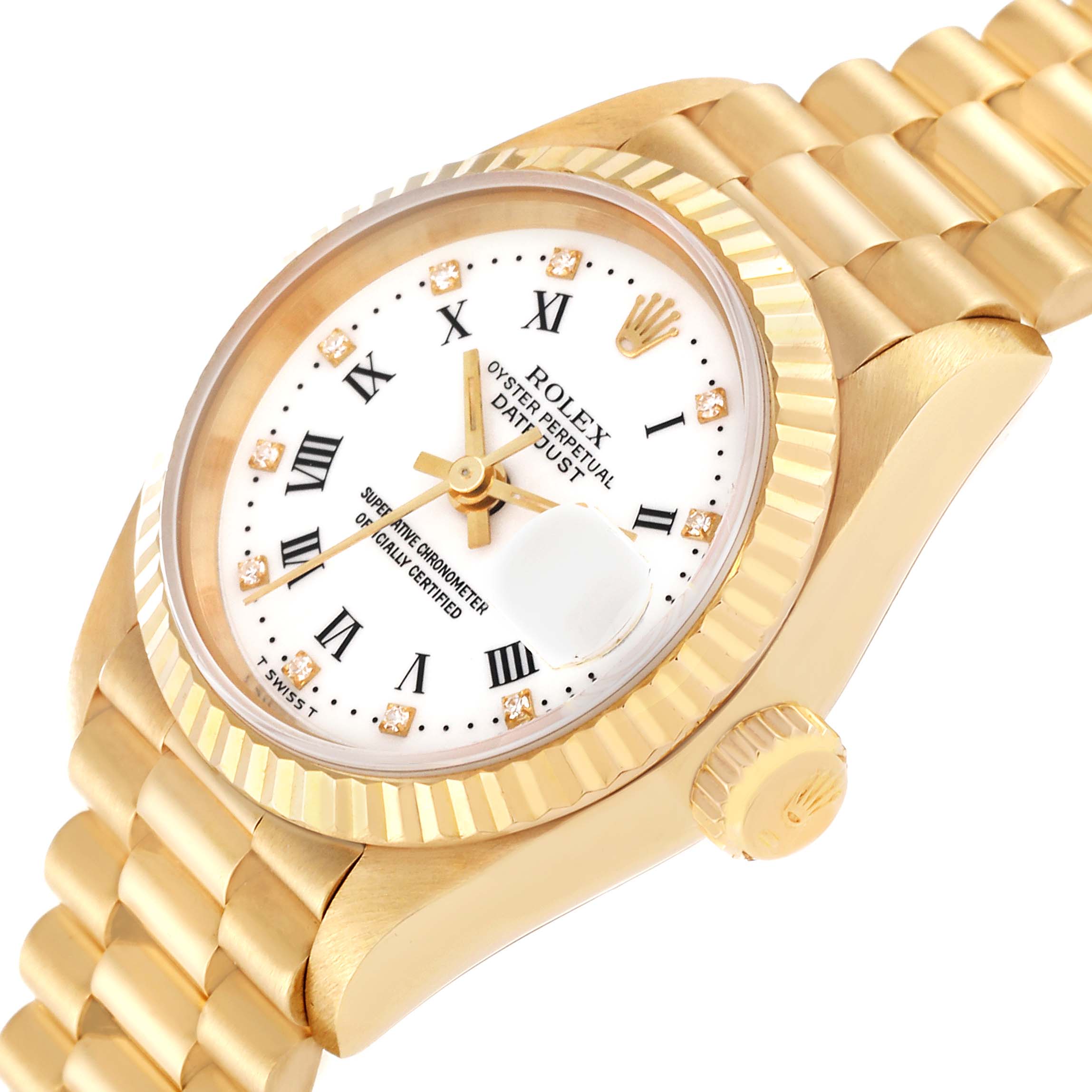 The image shows a close-up angle of the Rolex President 69178 Women's Yellow Gold White Dial 69178 Women's Yellow Gold White Dial model's gold case, dial, fluted bezel, and part of the bracelet.