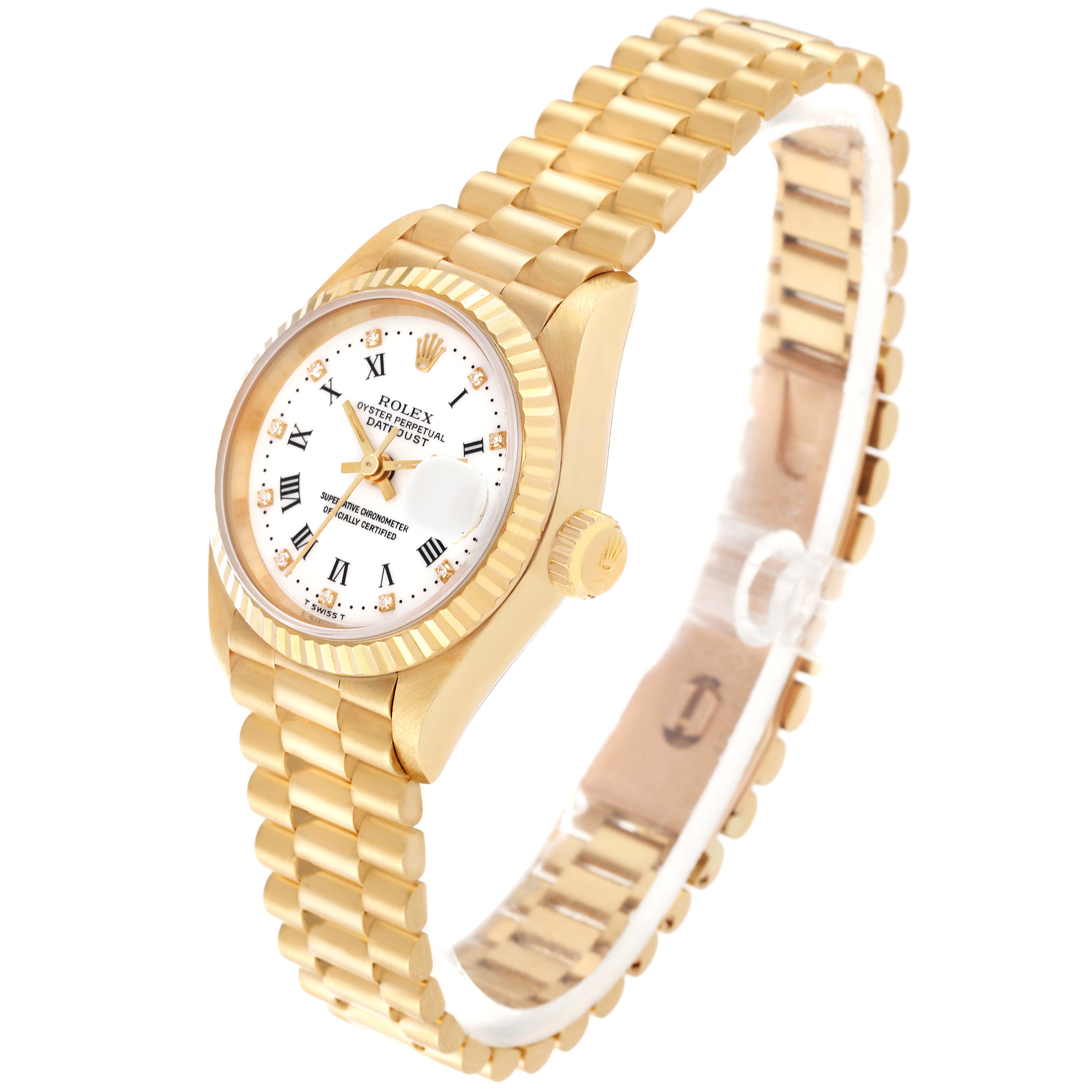 This image shows a Rolex President 69178 Women's Yellow Gold White Dial 69178 Women's Yellow Gold White Dial watch at a slight angle, highlighting the face, bezel, crown, and gold bracelet.